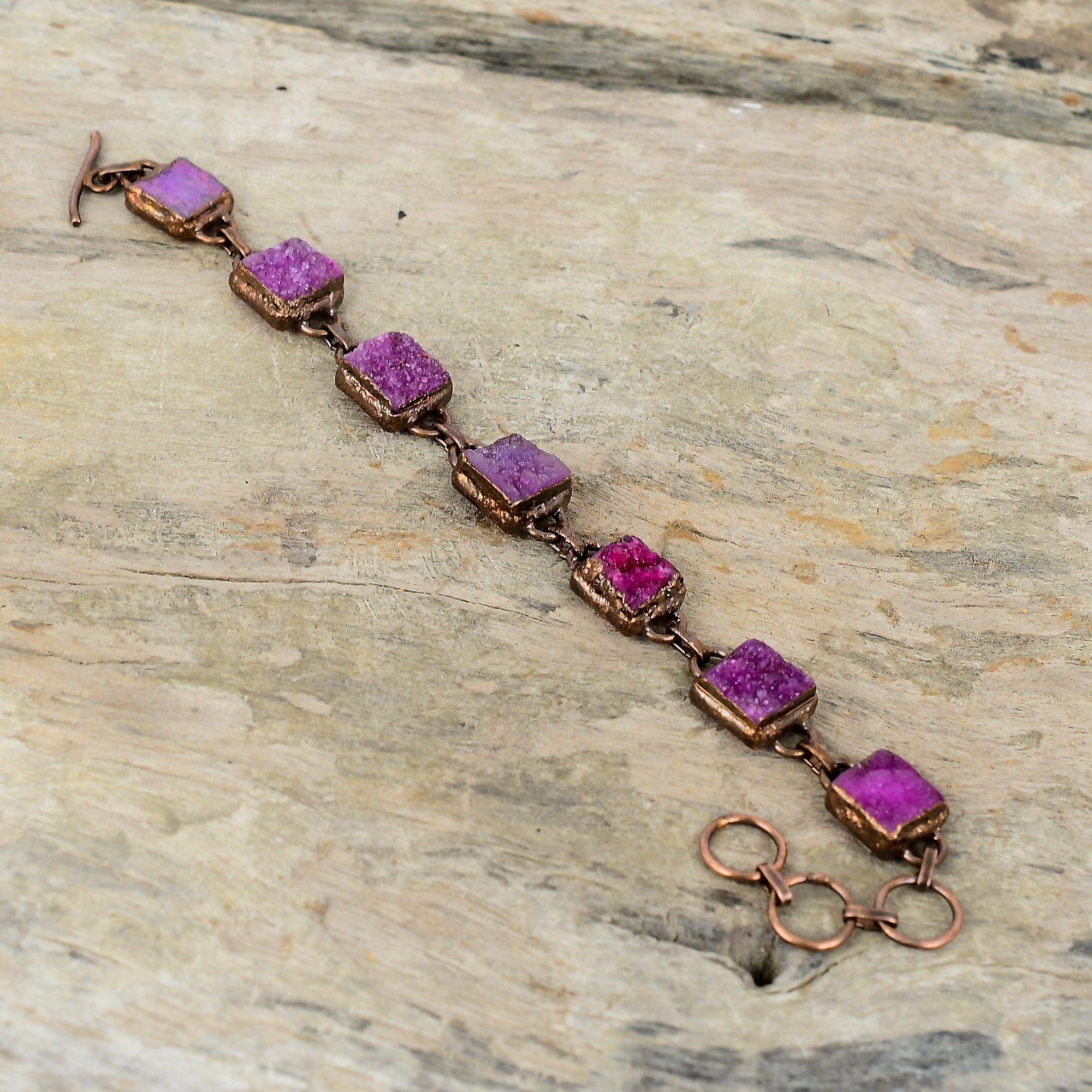 Розовый браслет с друзами, гальванический медный браслет, регулируемый браслет-цепочка, гальванический браслет, ювелирные изделия ручной работы, браслет из драгоценных камней, подарок для мамы