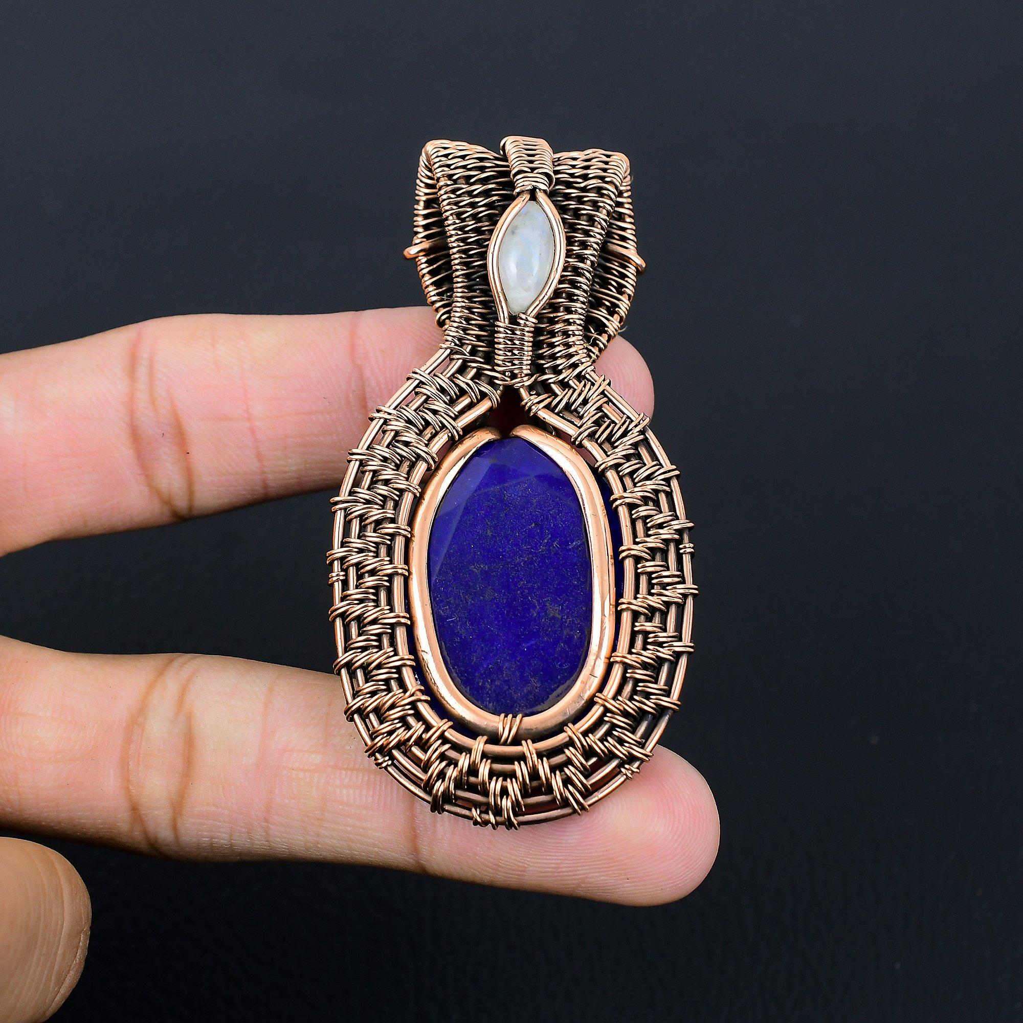 Lab-Created Blue Sapphire & Moonstone Gemstone Pure Copper Wire Wrap Handmade Wonderful Jewelry Pendant
