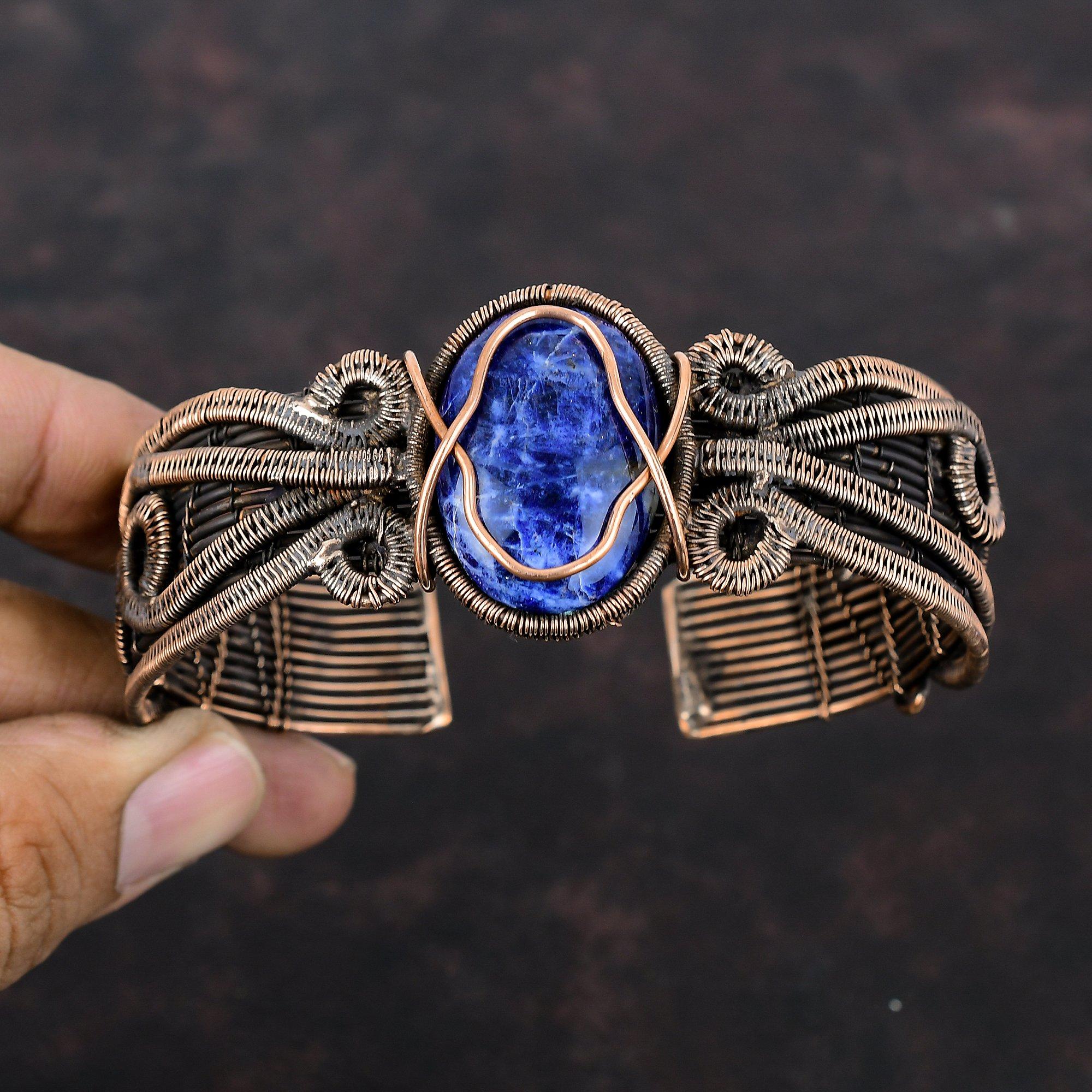 Браслет-манжета из содалита, браслет с драгоценными камнями, медная проволока, регулируемый браслет, браслет-манжета ручной работы, медная проволока, ювелирное изделие, подарок для мамы