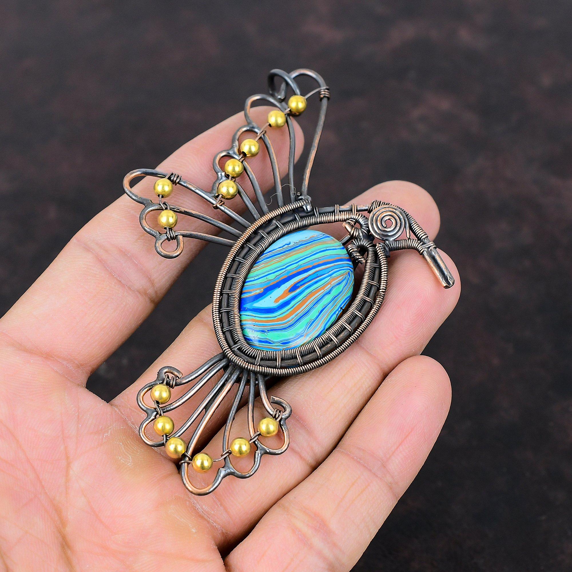 Радужный кулон из кальцинированного кремния Медная проволока, обернутая кулоном с драгоценным камнем Стильный кулон Медные украшения Подарок на помолвку Ювелирные изделия ручной работы Подвески с птицами