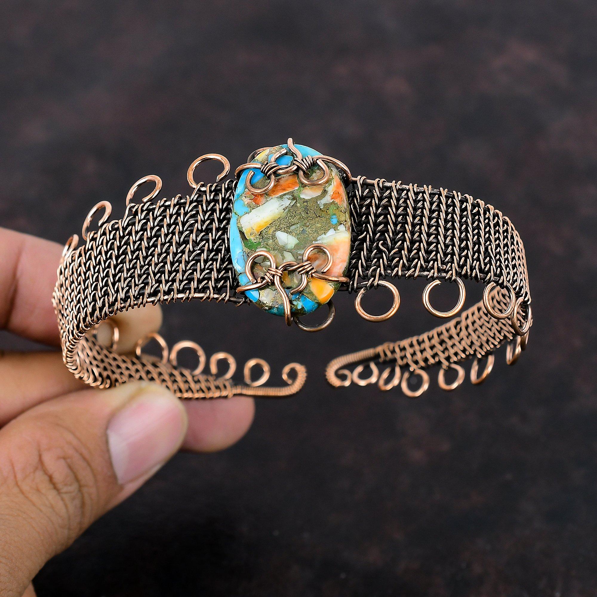 Spiny Oyster Copper Turquoise Bangle Copper Wire Wrapped Cuff Bracelet Handmade Adjustable Bangle Gemstone Cuff Copper Jewelry Gift For Mom