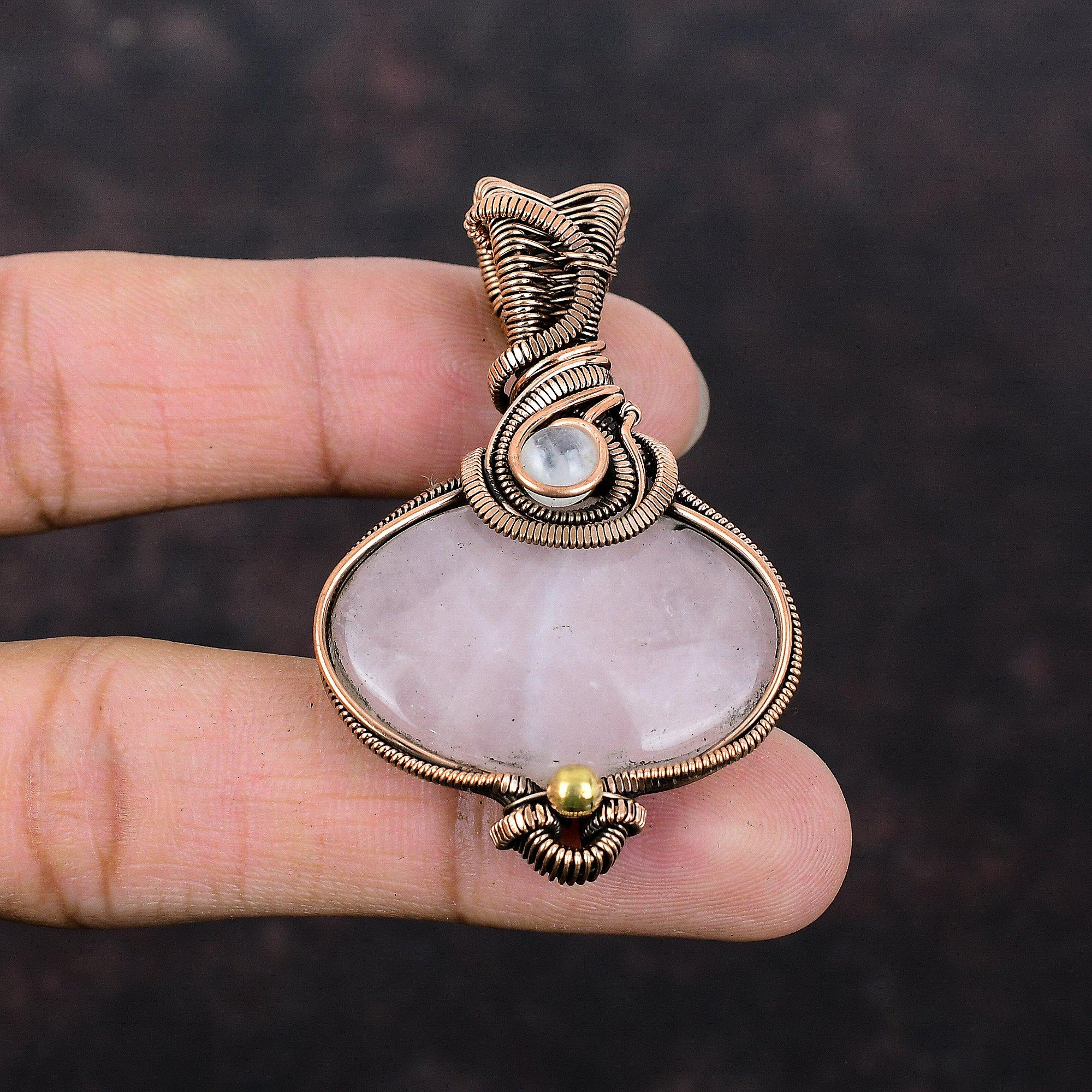 Кулон из розового кварца, медная проволока, кулон, лунный камень, драгоценный камень, кулон, ювелирные изделия из проволоки для подарка, уникальные медные украшения, кулон ручной работы