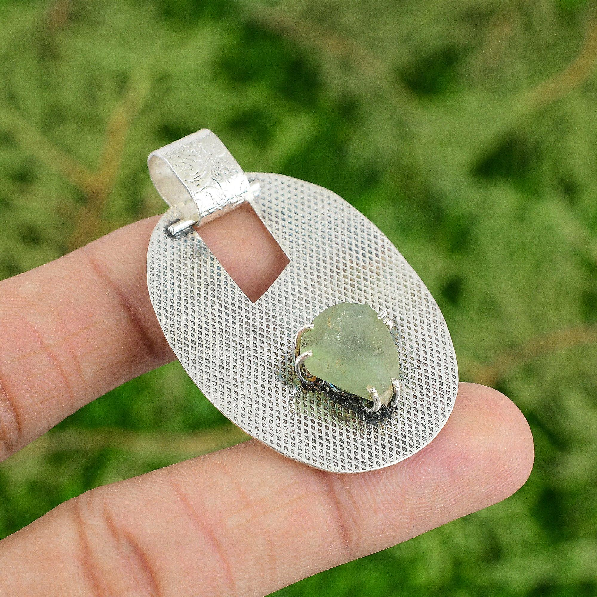Friendship Day Deal 925 Sterling Silver Natural Prehnite Rough Pendant Jewelry