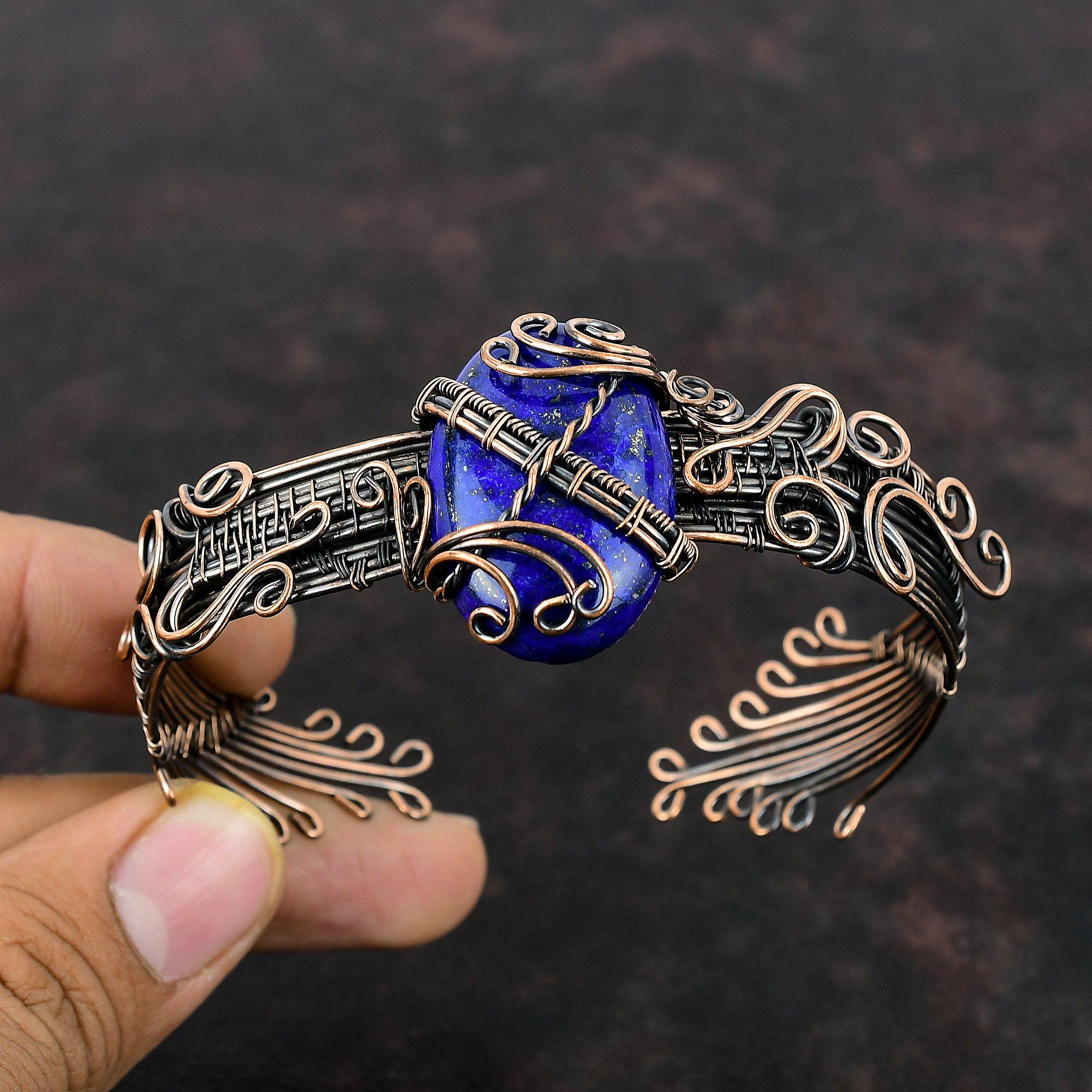 Медный браслет из ляпис-лазури, браслет-манжета с драгоценным камнем, регулируемая манжета, медные украшения, браслет ручной работы, ювелирное изделие, подарок для мамы