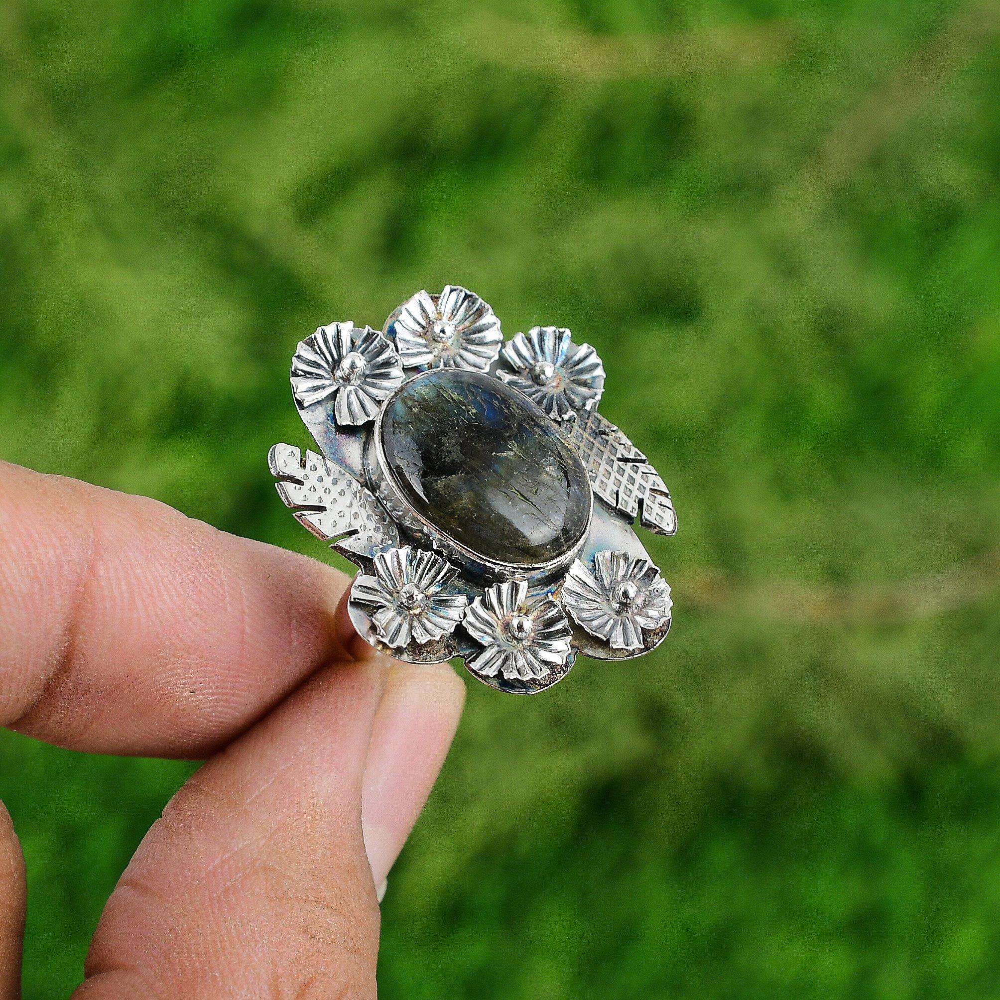 Natural Labradorite Gemstone 925 Silver Promise Flower Adjustable Ring For Girls