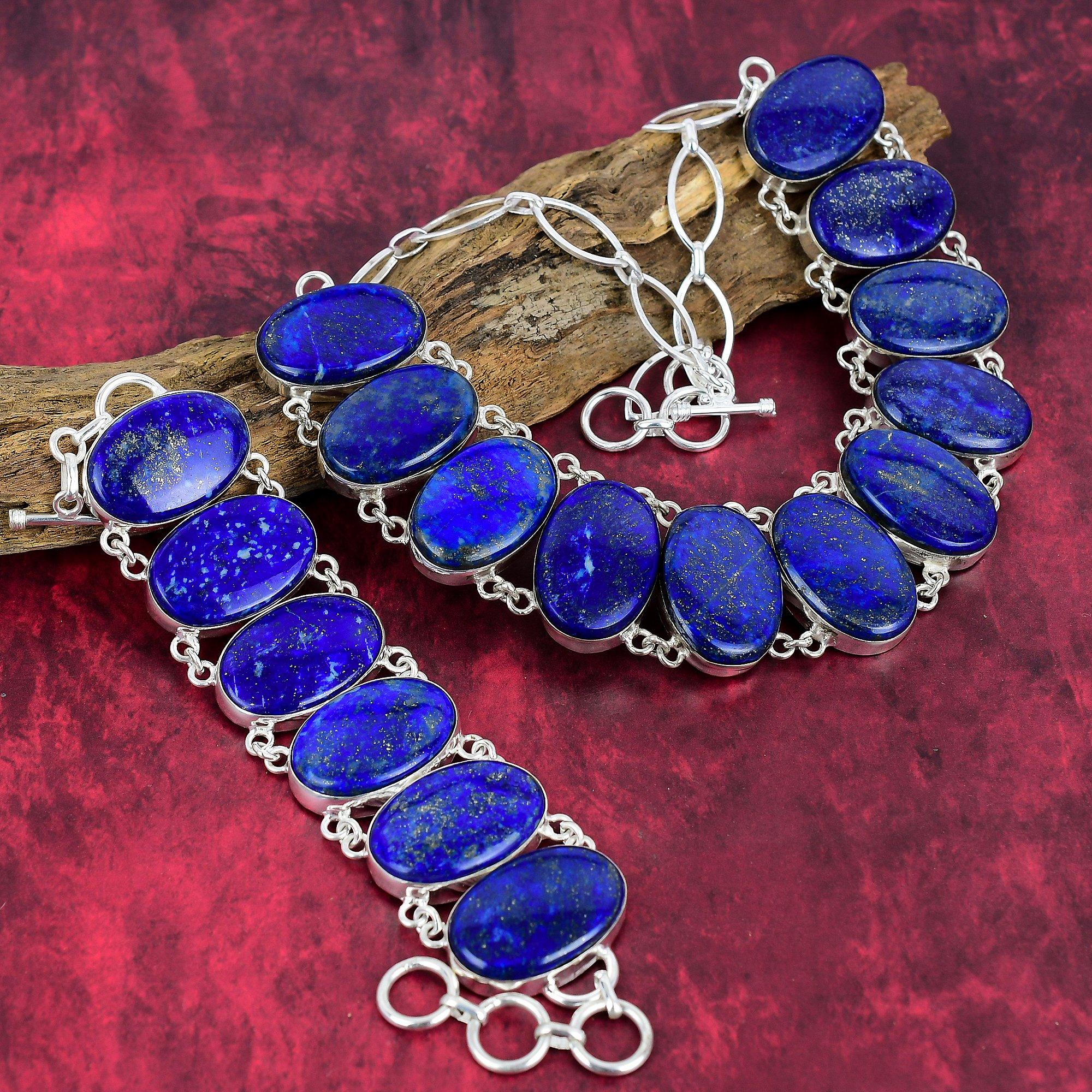 Lapis Lazuli Gemstone Jewelry, 925 Solid Sterling Silver Bracelet&necklace Jewelry Set For Her, Gorgeous Handmade Big Silver Set For Women