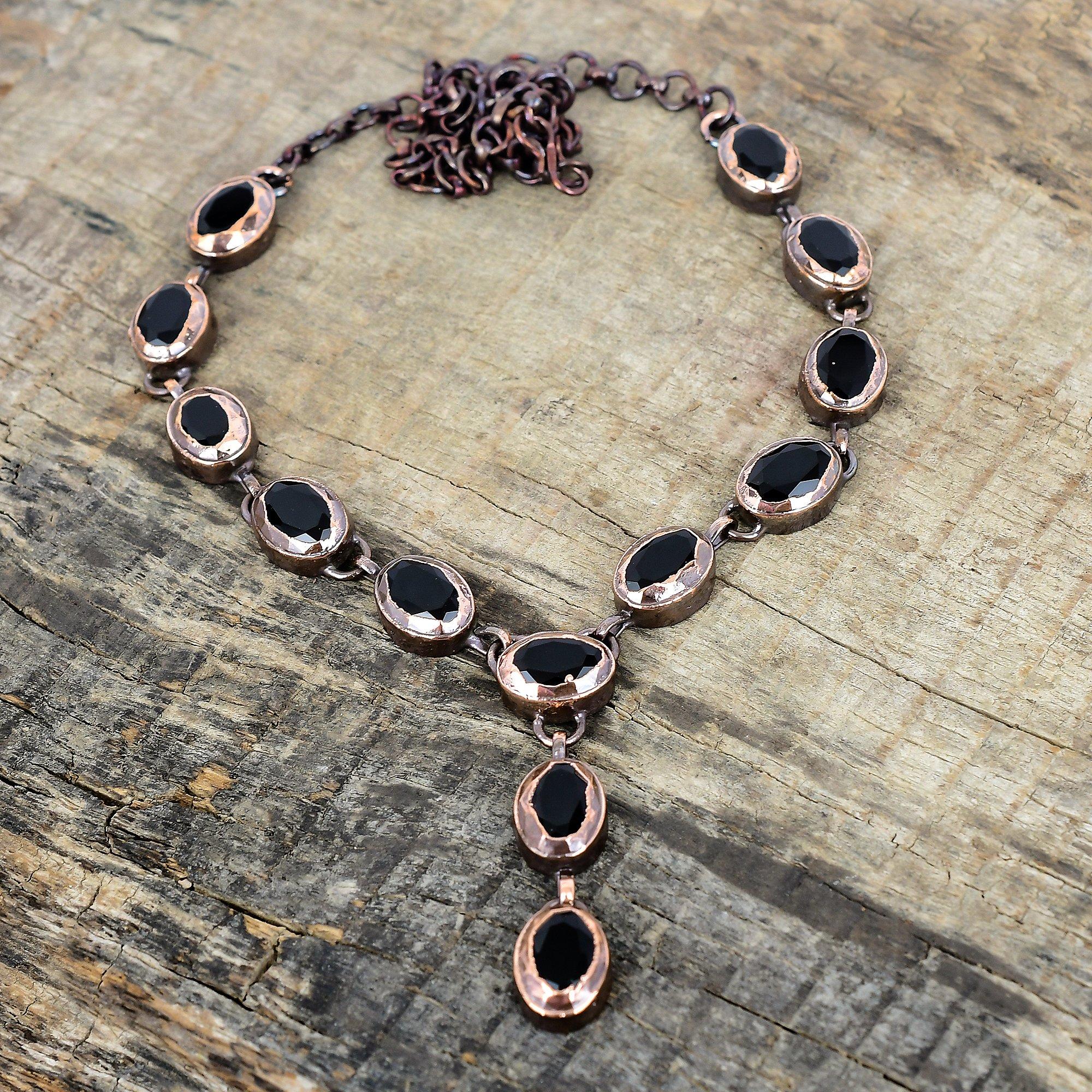Ожерелье из граненого черного оникса, гальванизированная медь, регулируемая цепочка, ожерелье из драгоценного камня, медные украшения, ручная работа, ожерелье с камнем рождения, свадебный подарок