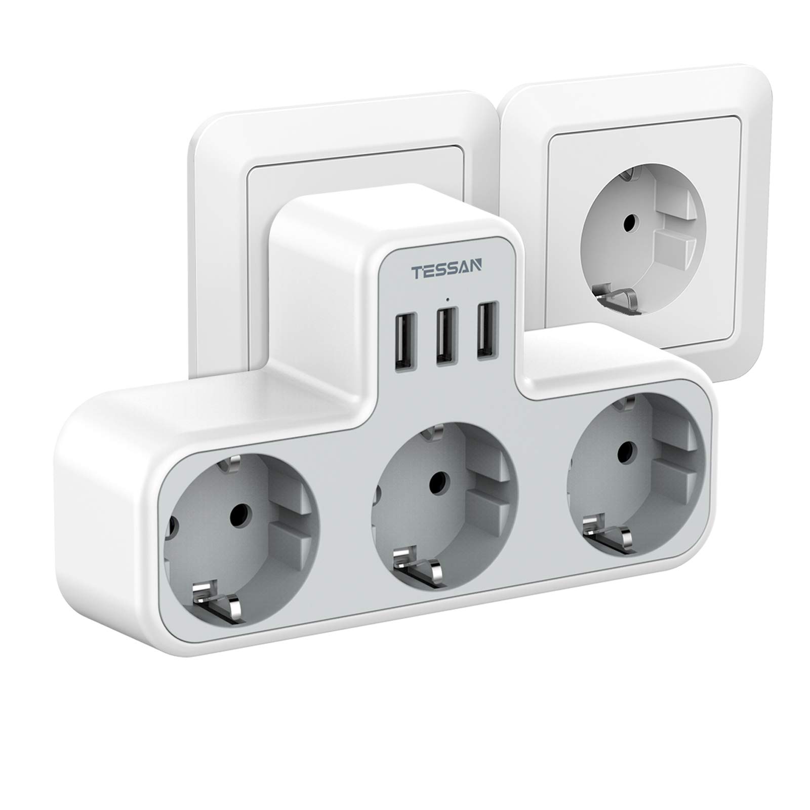 Tessan Multiple Wall Socket with 2 USB C 1 USB A Ports, 6 In 1 USB Adapter with Overload Protection for Smartphone,Tablet