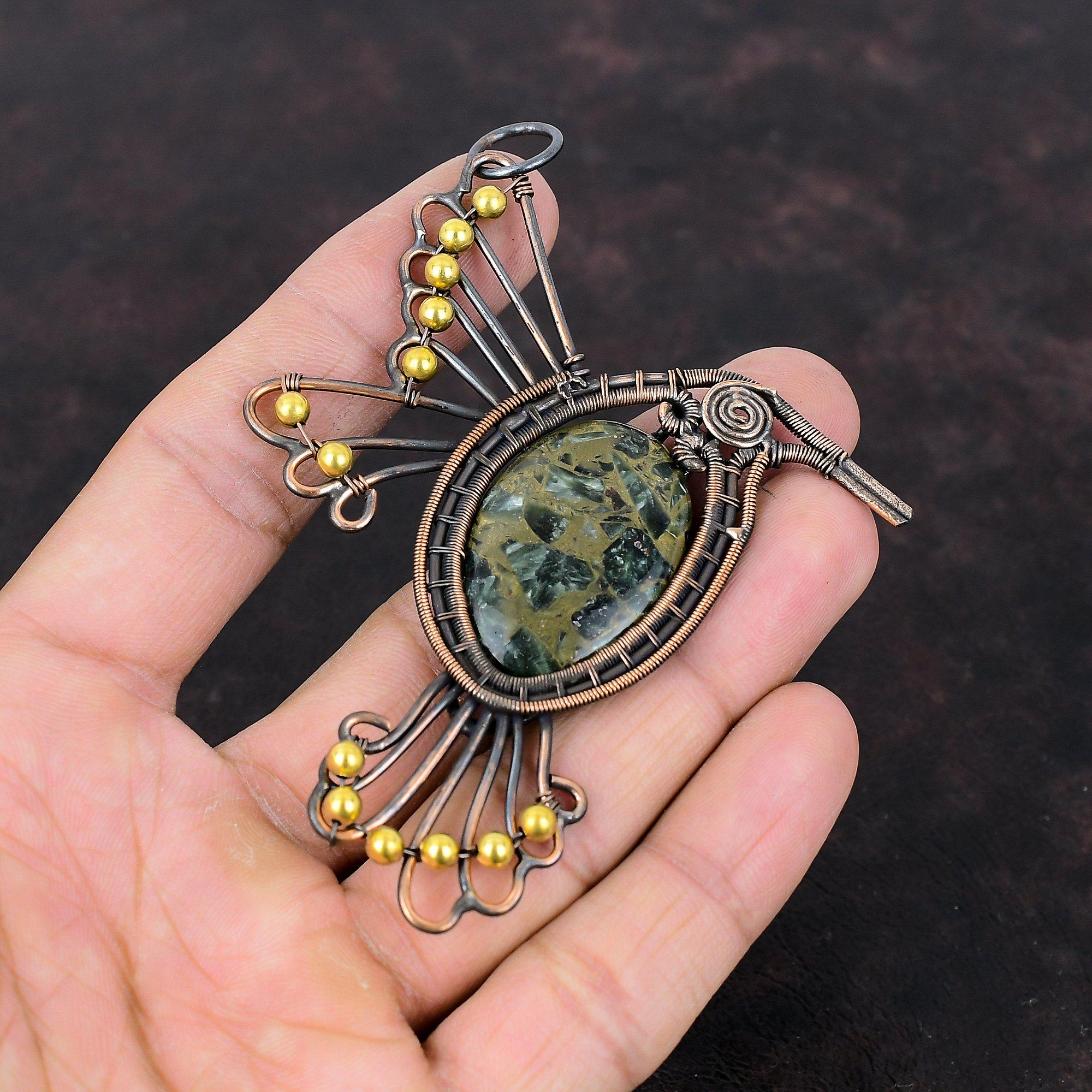 Copper Seraphinite Pendant Copper Wire Wrapped Pendant Dainty Gemstone Jewelry Handmade Bird Pendant Gift For Her Seraphinite Copper Jewelry