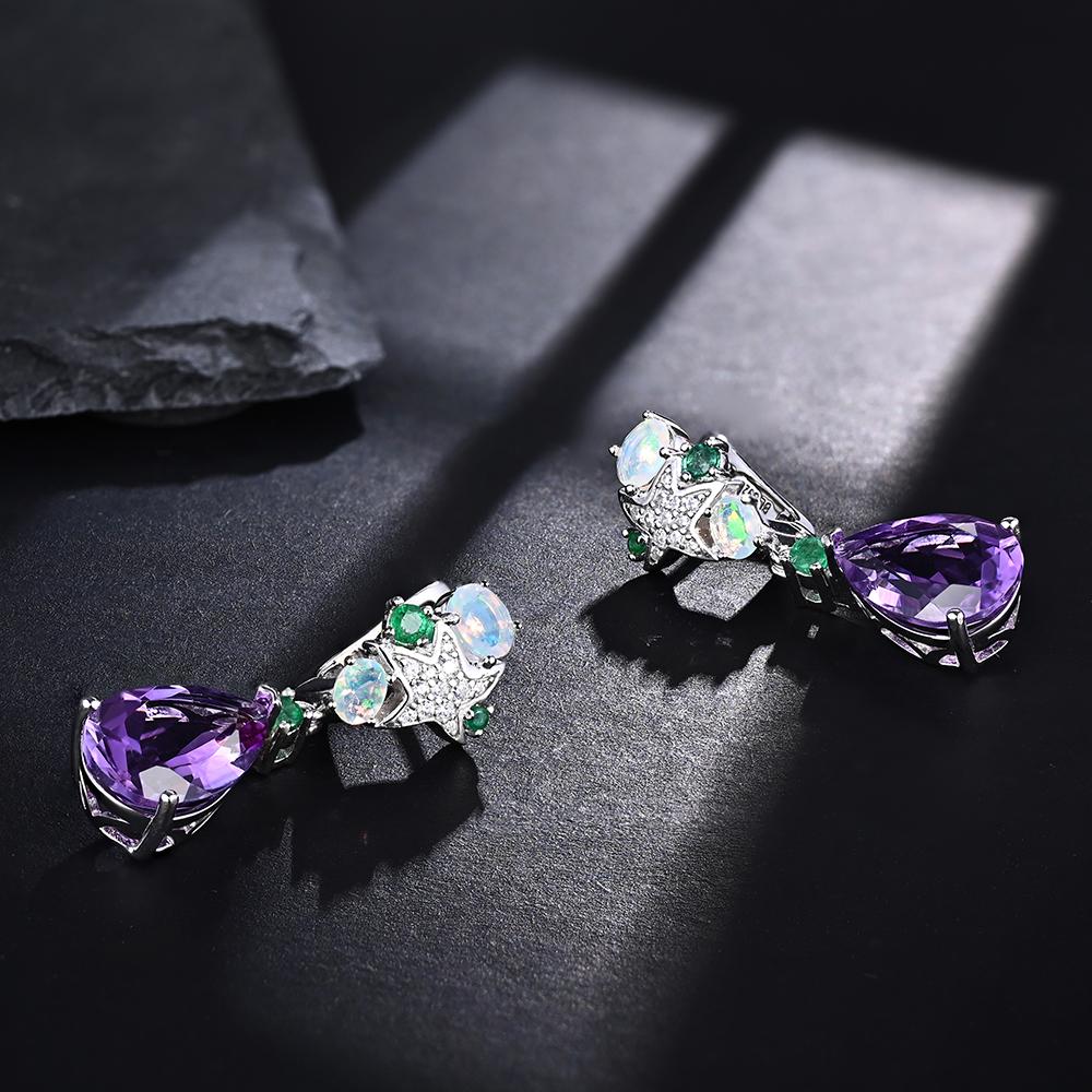 Серьги-капли с застежкой в ​​виде морской звезды, натуральный драгоценный опал, изумруд и аметист, драгоценный камень, серебряное изделие для женщин, ювелирное изделие, подарок