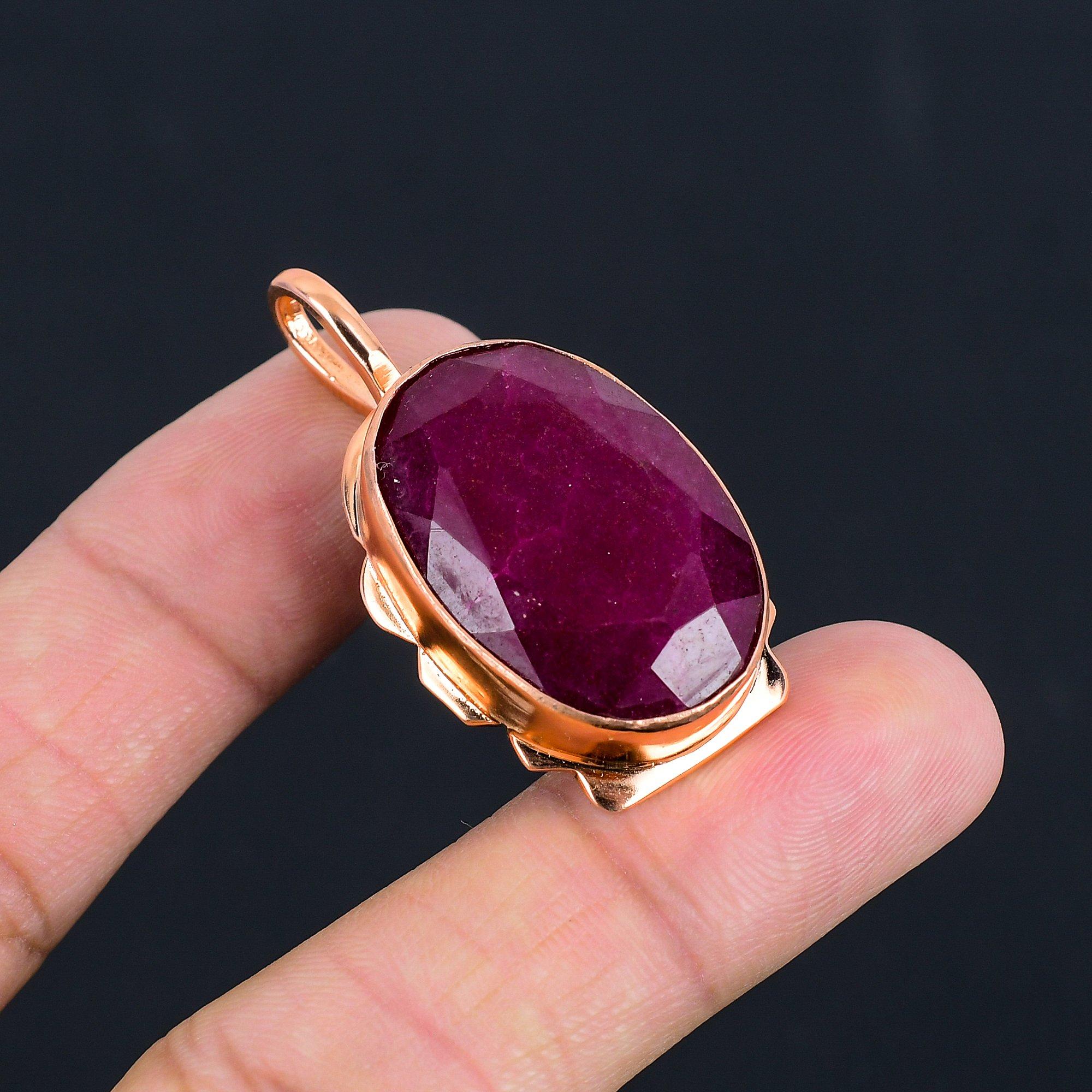 Ruby Lab-Created Gemstone Copper Jewelry Handmade Chain Pendant For Her