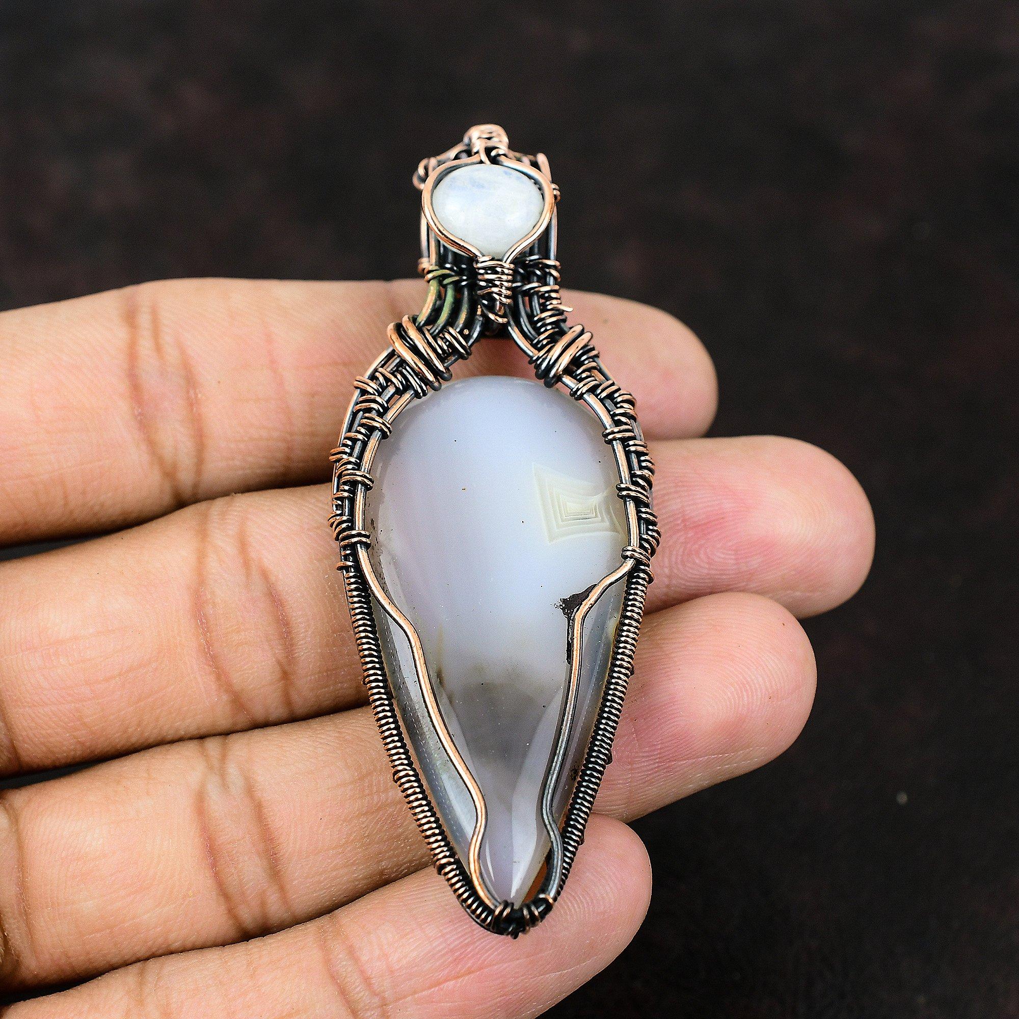 Подвеска из ботсванского агата с медью, драгоценный камень, медная обертка, радужный лунный камень, медная бижутерия, ювелирные изделия ручной работы, подарок для нее, подарок для матери