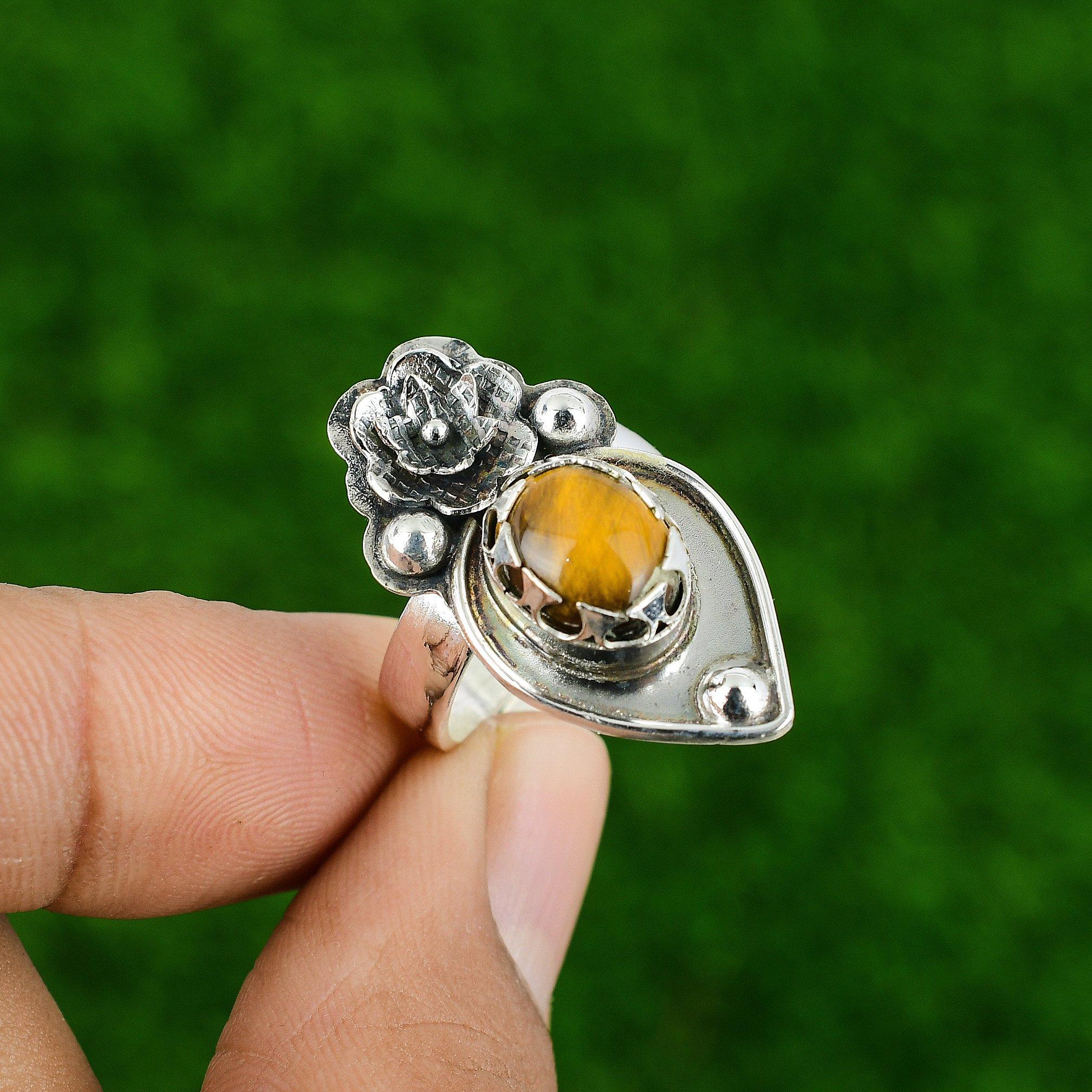 Natural Tiger'S Eye Gemstone Multi Stone Flower Adjustable Ring 925 Silver