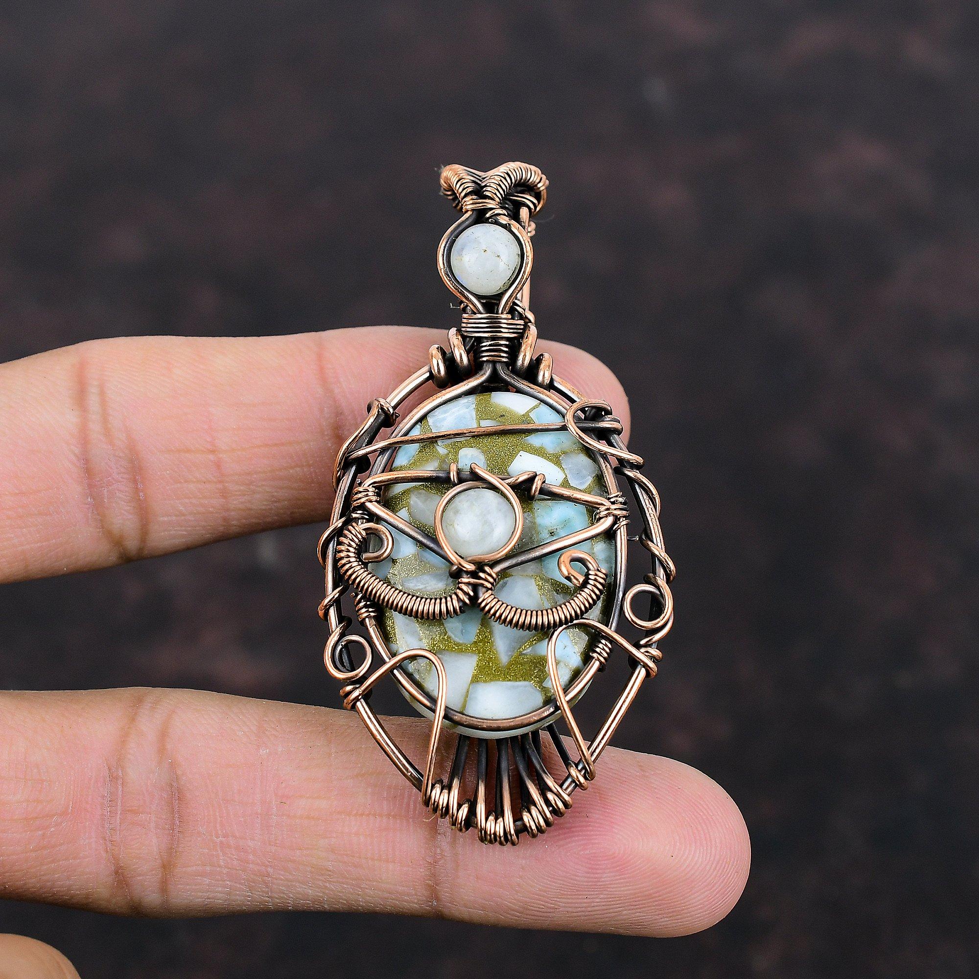 Evil Eye Copper Larimar Pendant Copper Wire Wrapped Gemstone Pendant Handmade Evil Eye Jewelry Dainty Rainbow Moonstone Pendant Gift For Him