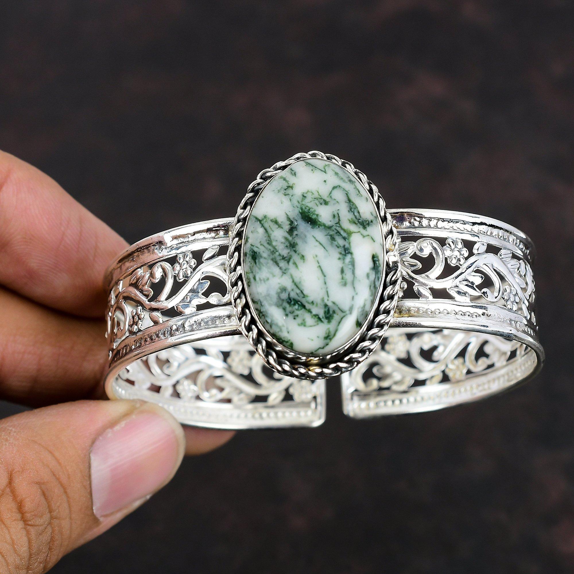 Браслет-манжета из древесного агата с драгоценными камнями, браслет из стерлингового серебра 925 пробы, регулируемый браслет-манжета, браслет ручной работы, уникальный дизайн, ювелирные изделия, свадебные подарки