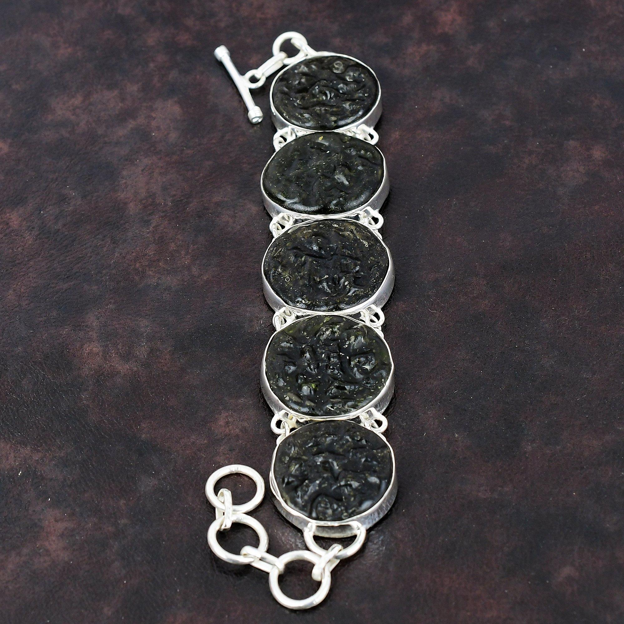 Молдавитовый браслет Ювелирные изделия из драгоценных камней Браслет из стерлингового серебра 925 пробы Браслет ручной работы Регулируемый браслет-цепочка Подарок для него Ювелирные изделия из камня по рождению