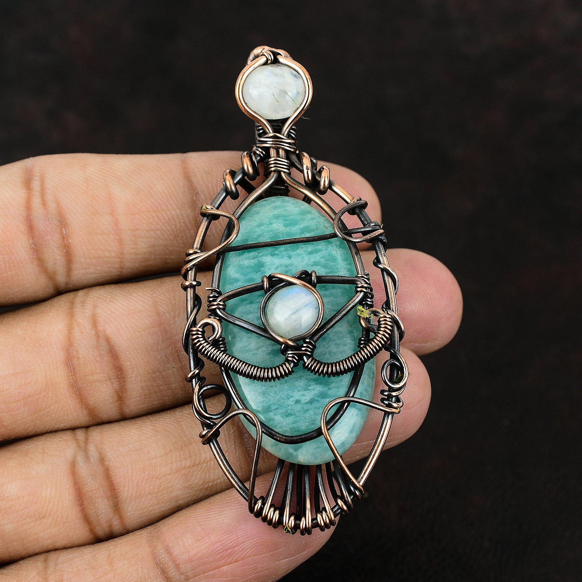 Evil Eye Amazonite Gemstone Copper Pendant Copper Wire Wrapped Jewelry Moonstone Jewelry Handmade Pendant Amazonite Jewelry Engagement Gift
