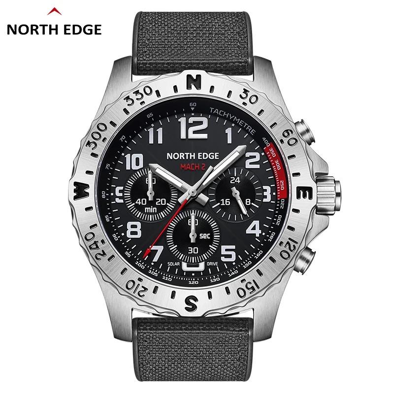 NORTH EDGE MACH 2 Мужские часы на солнечной энергии Корпус из нержавеющей стали 316 Кварцевые часы для мужчин Пилот Водонепроницаемый 50M Секундомер