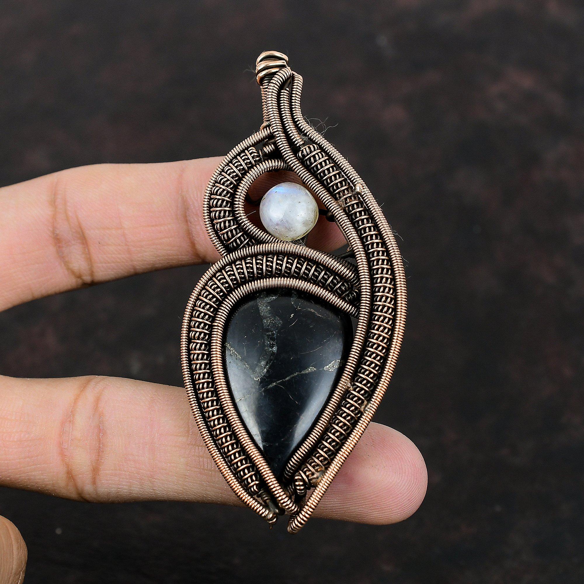 Подвеска из шунгита, медная проволочная обертка, подвеска из радужного лунного камня, ювелирные изделия из шунгита, подвеска из драгоценного камня ручной работы, медные ювелирные изделия для подарка