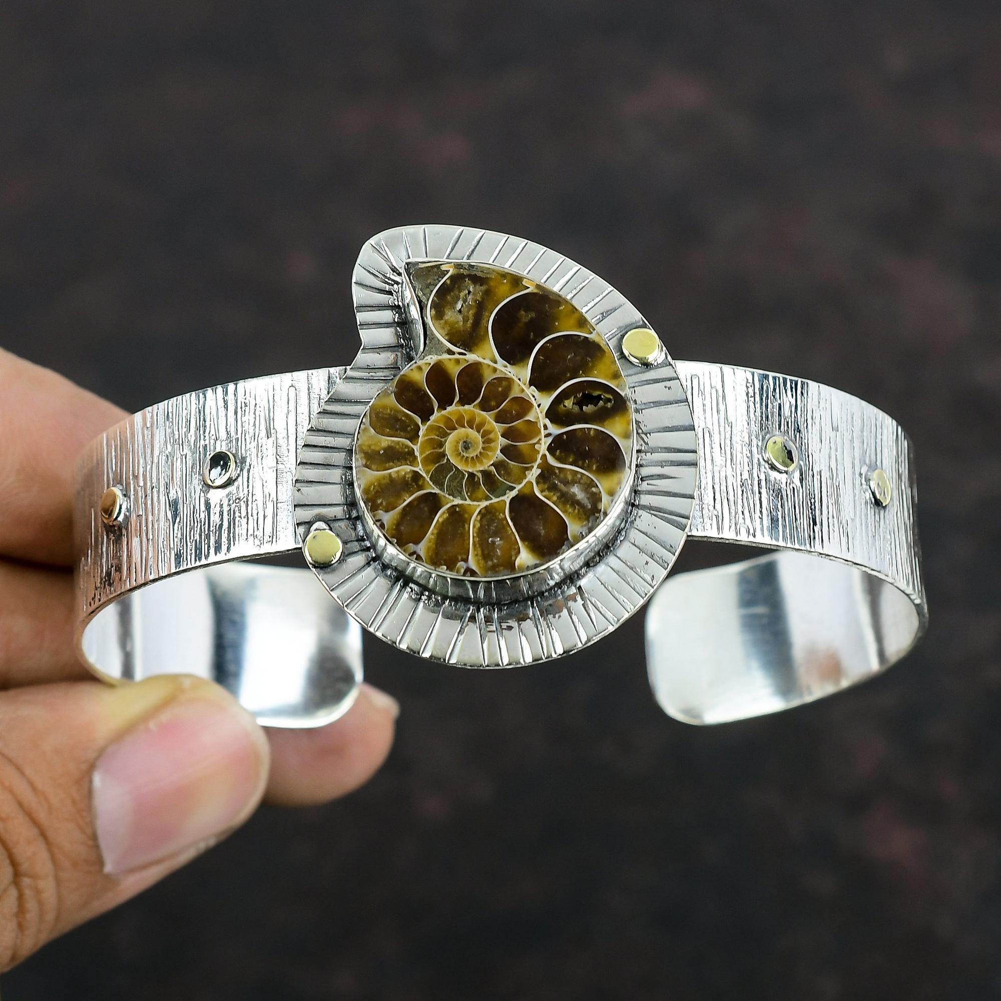 Ammonite Fossil Cuff Bracelet Gemstone Handmade Bangle 925 Sterling Silver Cuff Bracelet Adjustable Bangle Silver Jewelry Anniversary Gifts
