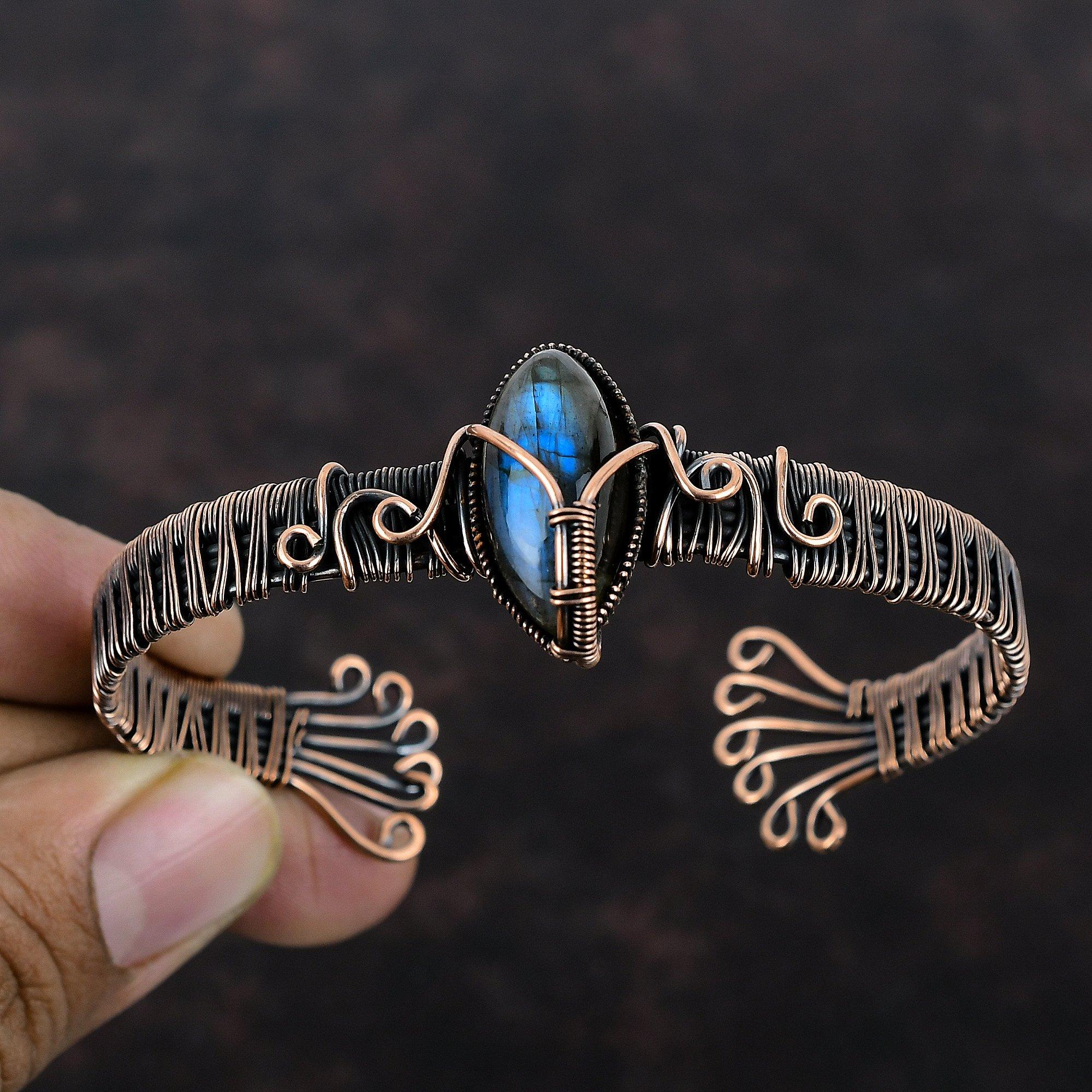 Браслет из лабрадорита Браслет-манжета из медной проволоки Регулируемый браслет Браслет-манжета из драгоценного камня Браслет ручной работы Ювелирные изделия из лабрадорита для подарка