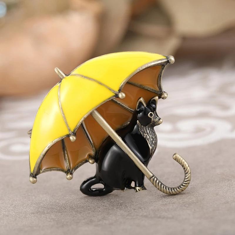Blucome Lovely Cat Under Umbrella Brooch Enamel Pins For Women Routine Gathering Decoration Accessories Collar Corsage