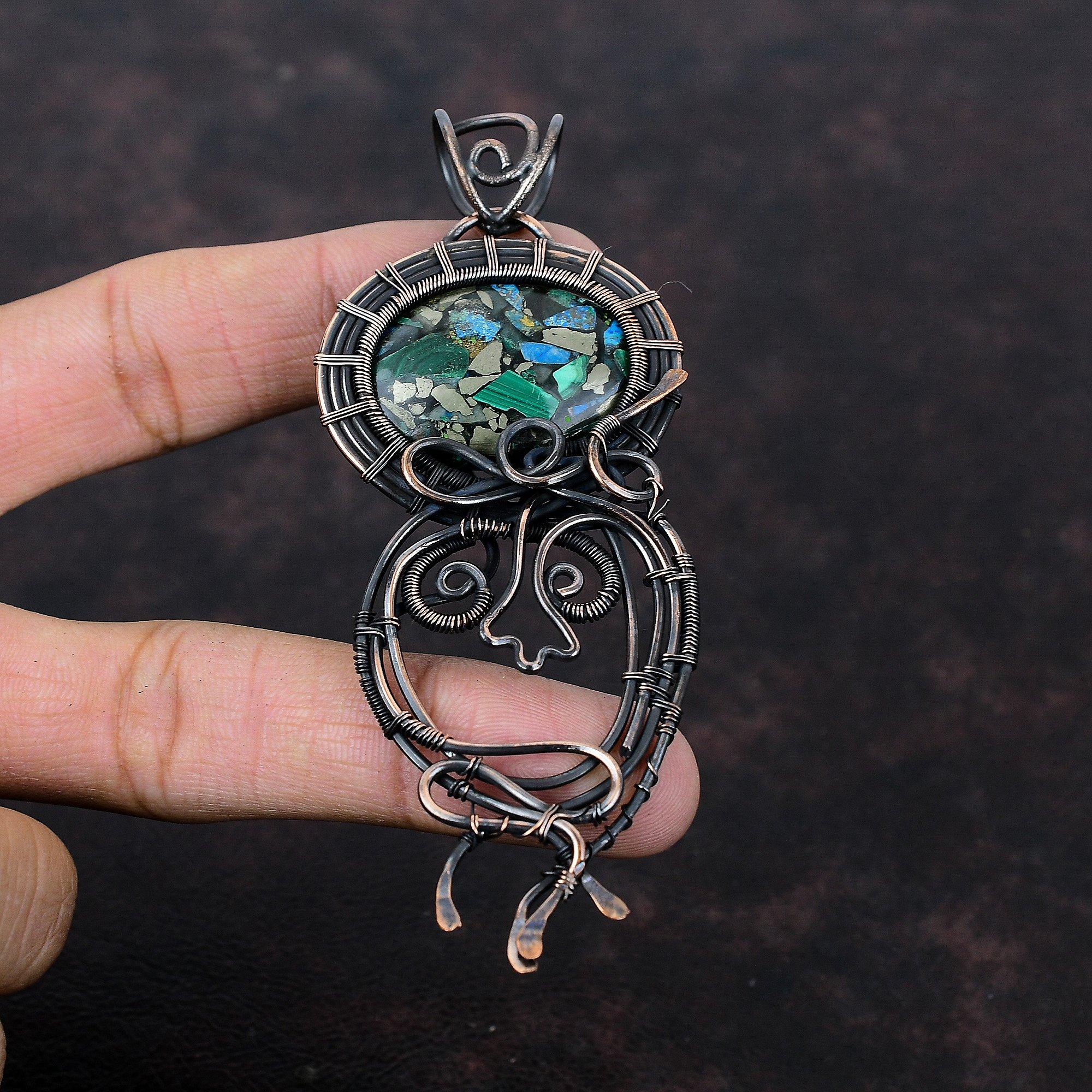 Copper Azurite Malachite Pendant Copper Wire Wrapped Gemstone Pendant Copper Jewelry Handmade Pendant Ethnic Jewelry Special Occasion Gift
