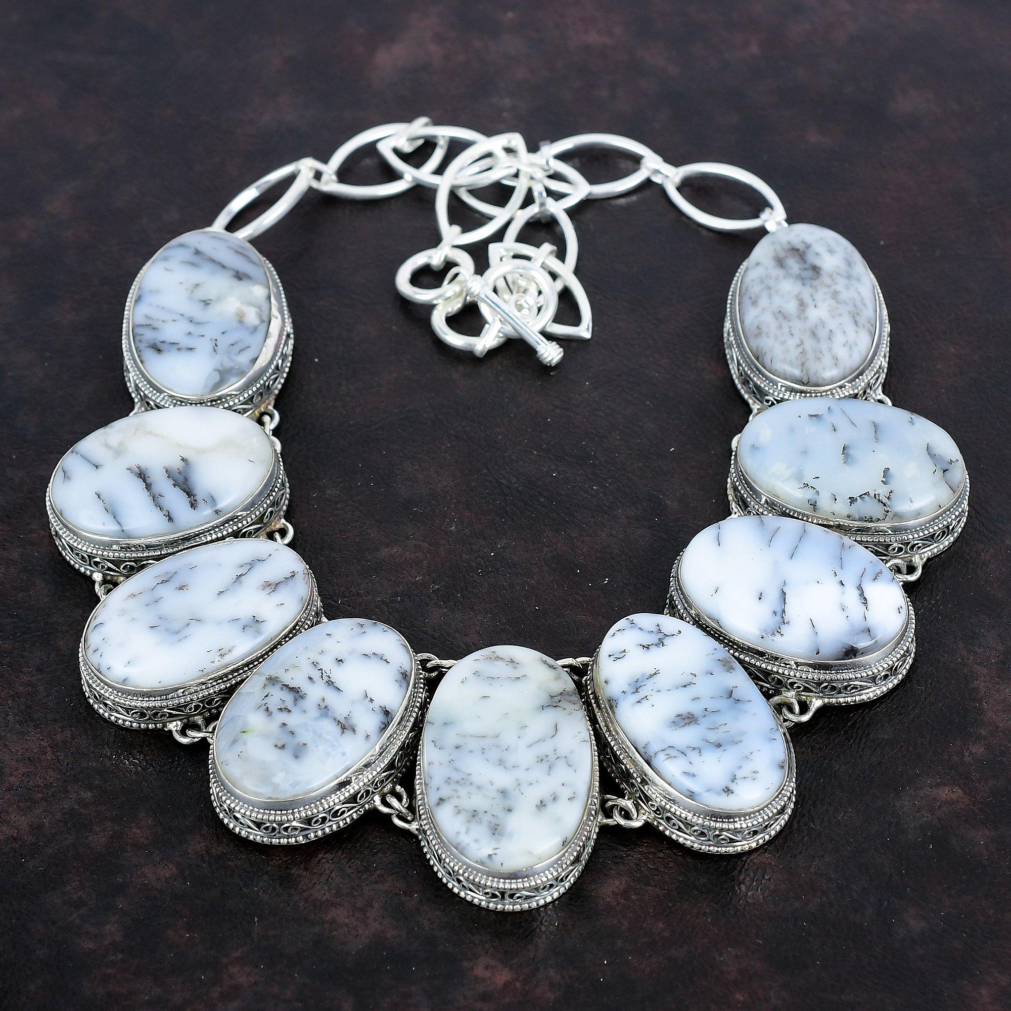 Ожерелье из опала дендрита, ожерелье из стерлингового серебра 925 пробы, регулируемое ожерелье из цепочки ручной работы, ювелирные изделия из драгоценных камней, подарки для нее, винтажные изящные украшения