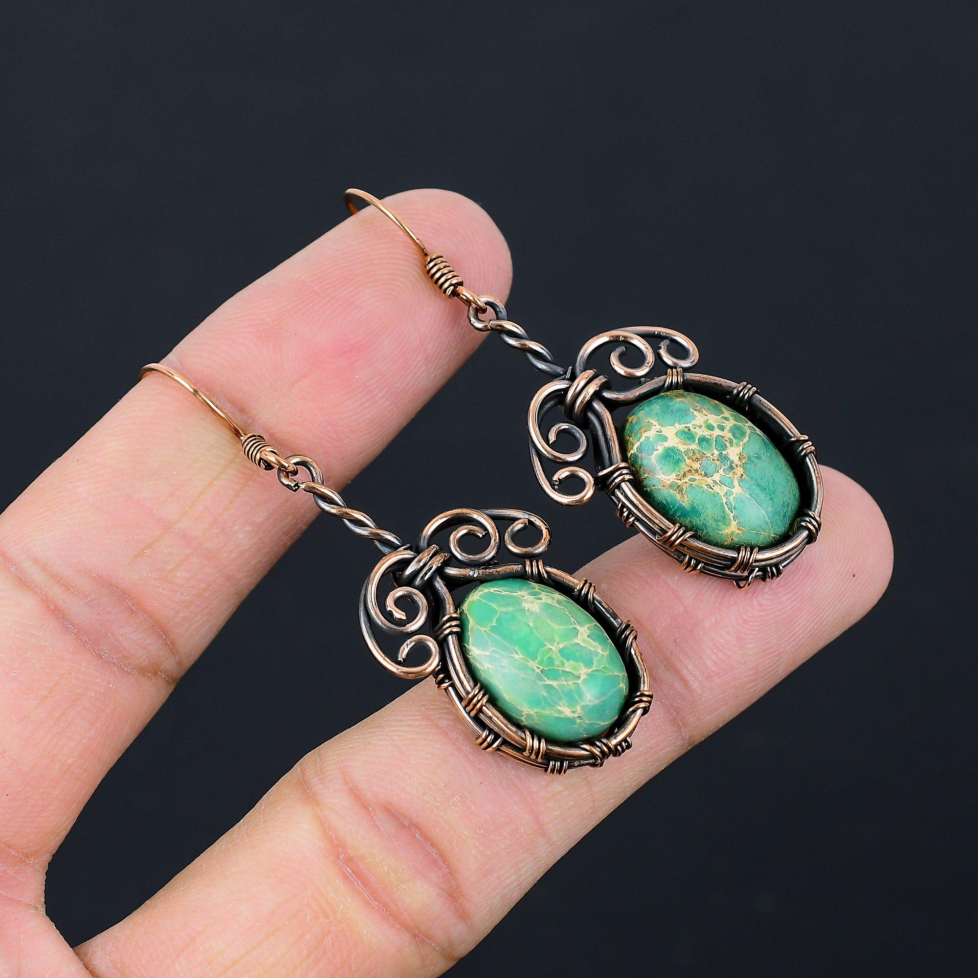 Green Sea Sediment Gemstone Pure Copper Wire Wrapped Handmade Earrings Jewelry