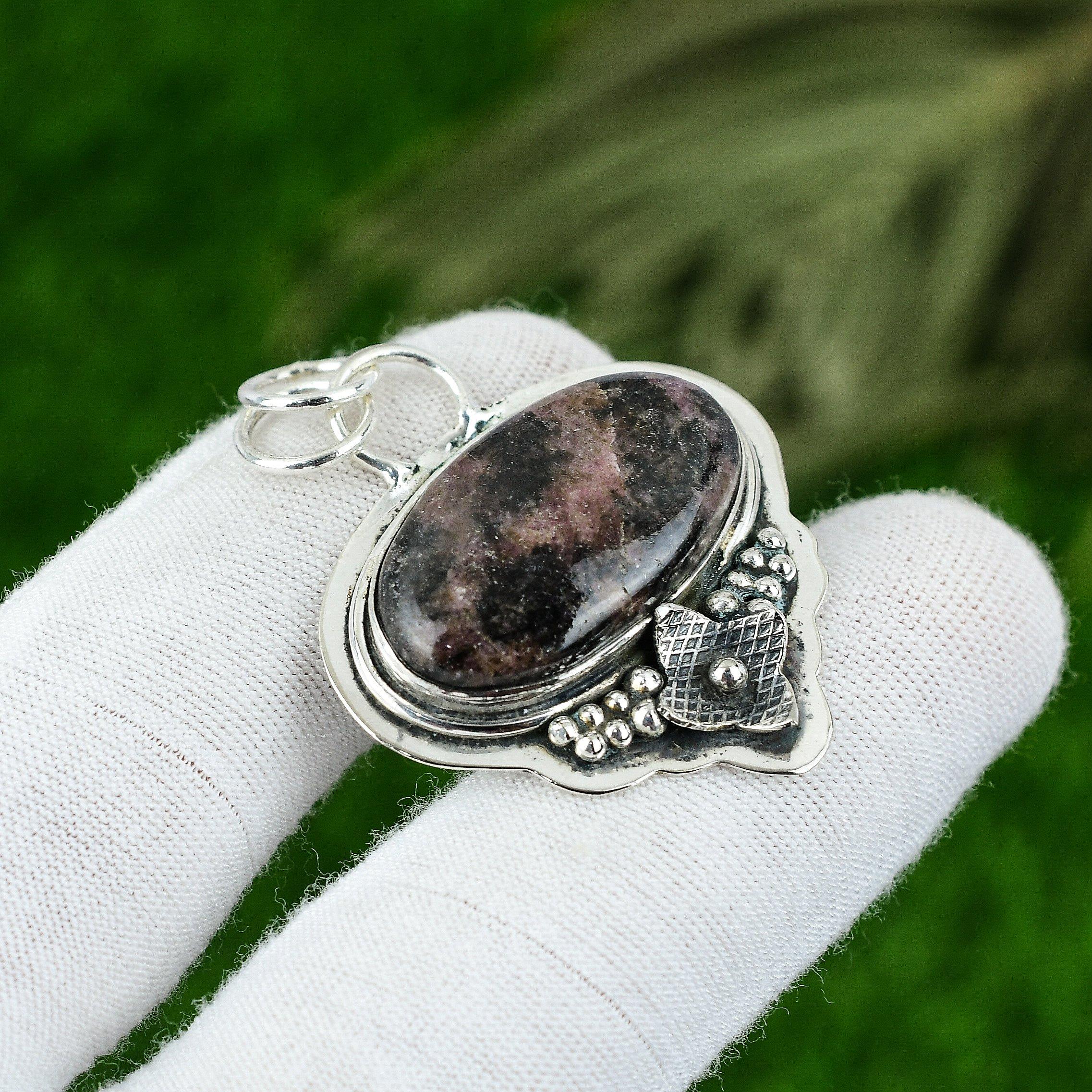 Подвеска из натурального родонита розового цвета, серебро 925 пробы, индийские украшения