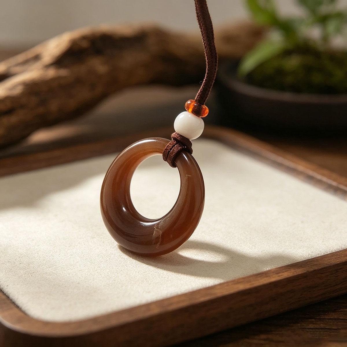Retro Ethnic Style Brown Circle Necklace Long Fashion Pendant Braided Rope Sweater Chain Simple Daily Accessories Autumn Winter