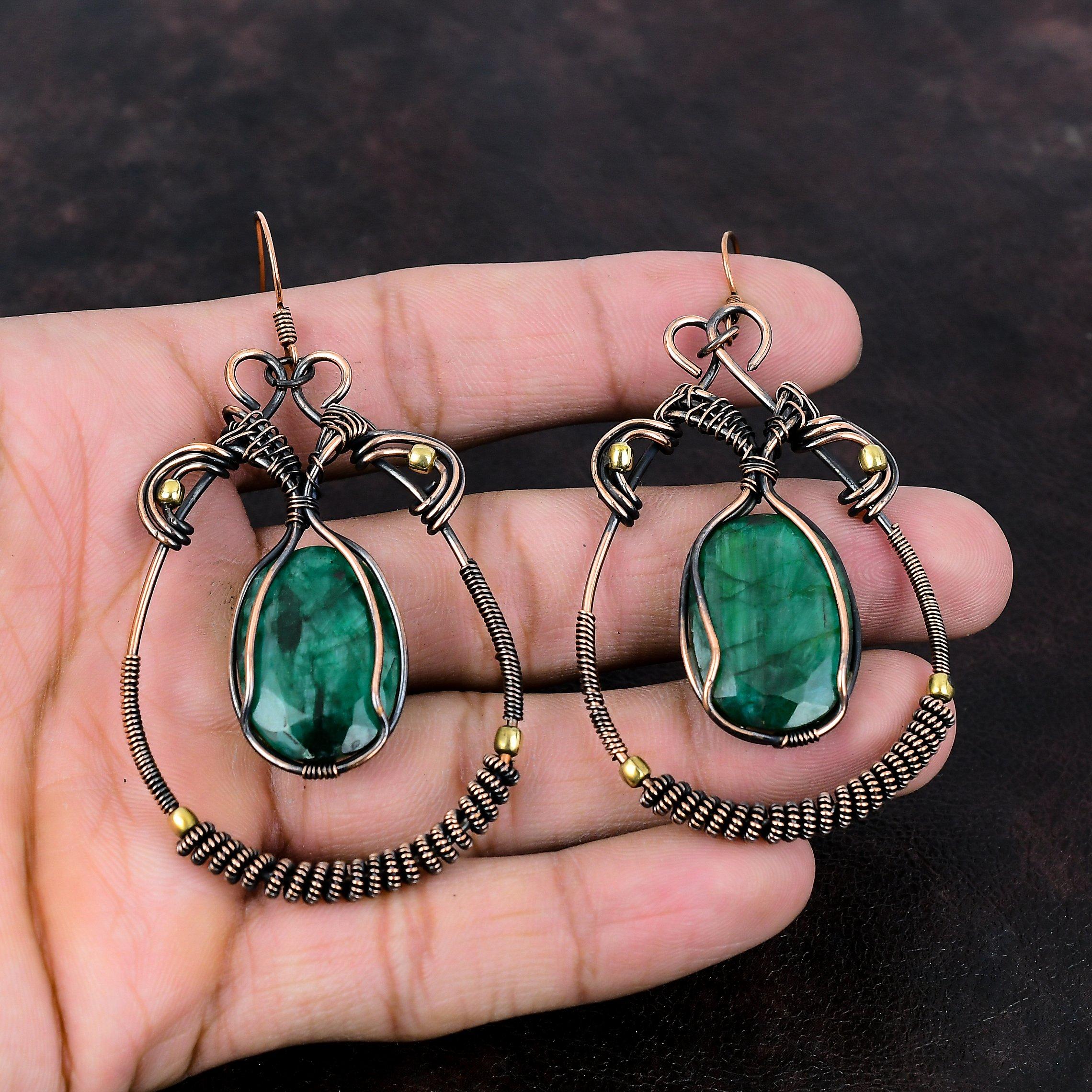Граненые серьги с замбийским изумрудом, серьги из медной проволоки, стильные серьги, драгоценные камни, медные украшения, свадебный подарок, антикварные серьги ручной работы