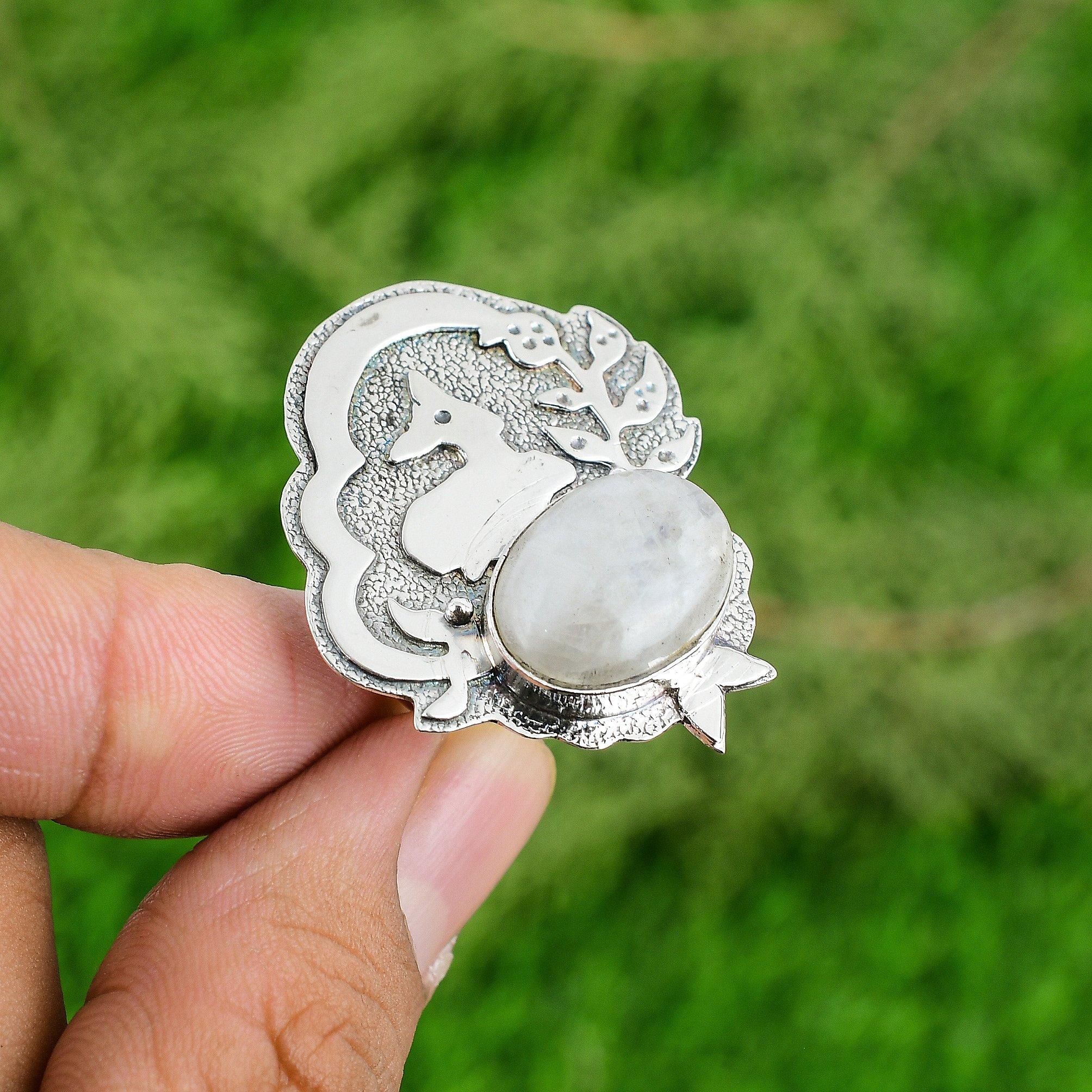 Sterling Silver Natural Rainbow Moonstone Bezel Birthday Statement Ring Jewelry