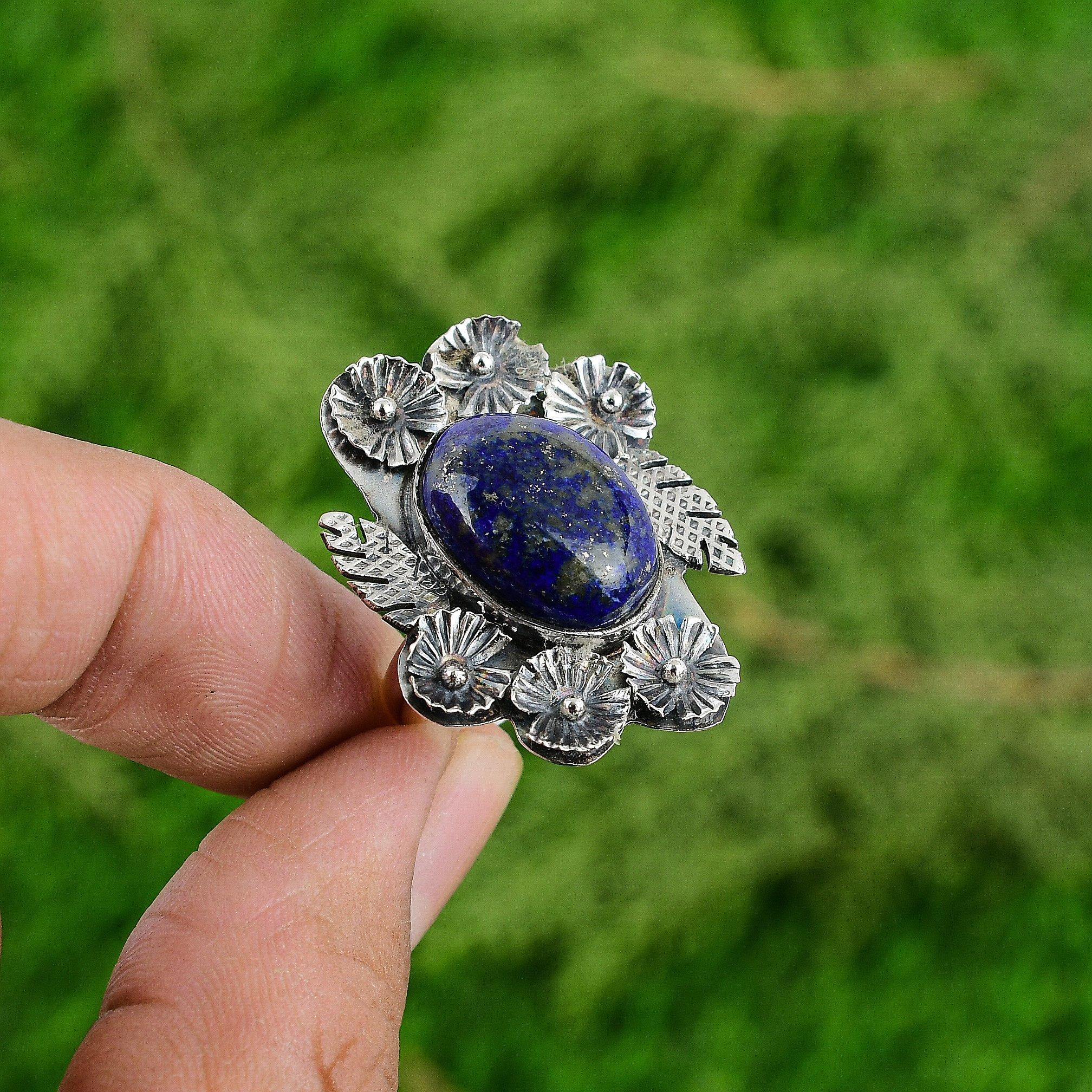 Natural Lapis Lazuli Gemstone Promise Flower Adjustable Ring 925 Sterling Silver