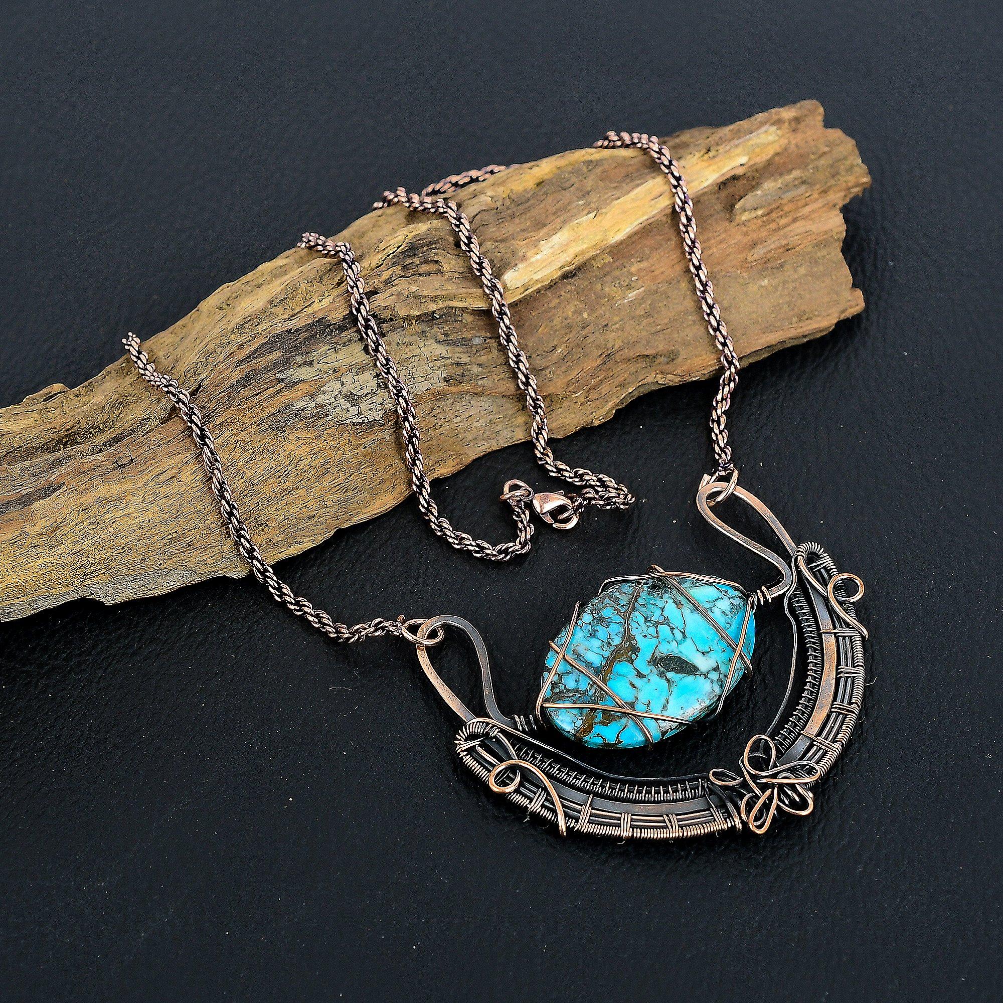 Tibetan Turquoise Gemstone Handmade Copper Wire Wrap Jewelry Necklace For Women