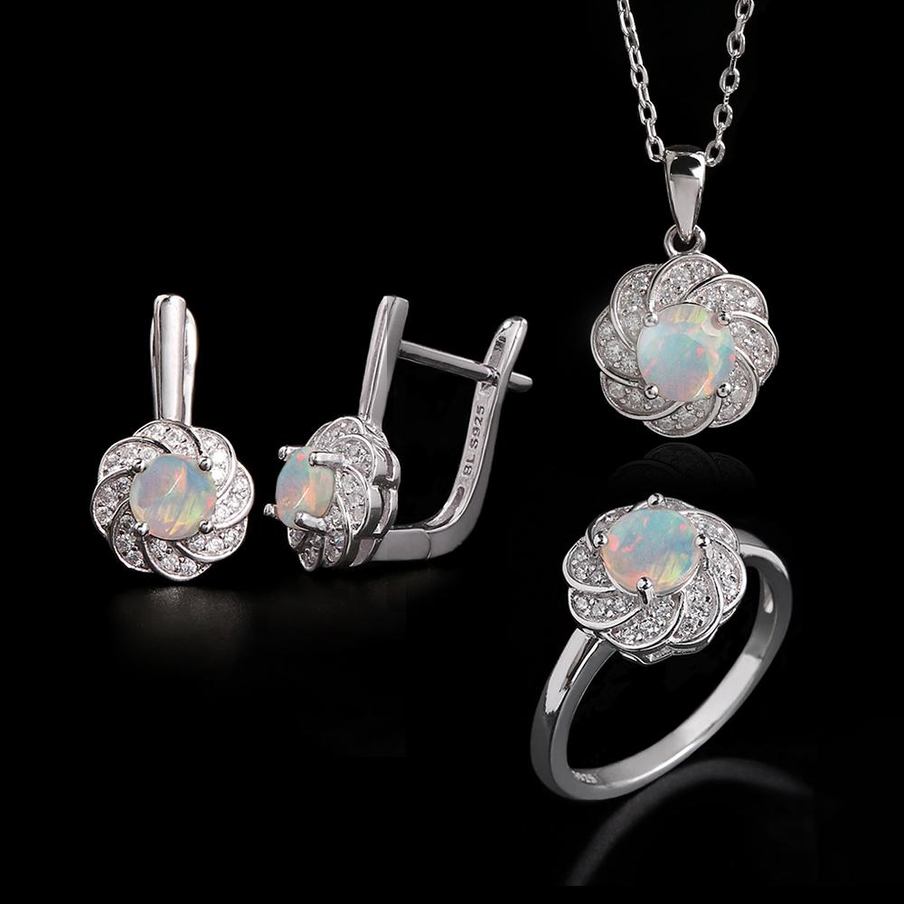 Elegant Flower Shape Clasp Ring Earrings Pendant Necklace Set Natural Opal S925 Silver Fine Jewelry for Women's Banquet Gifts