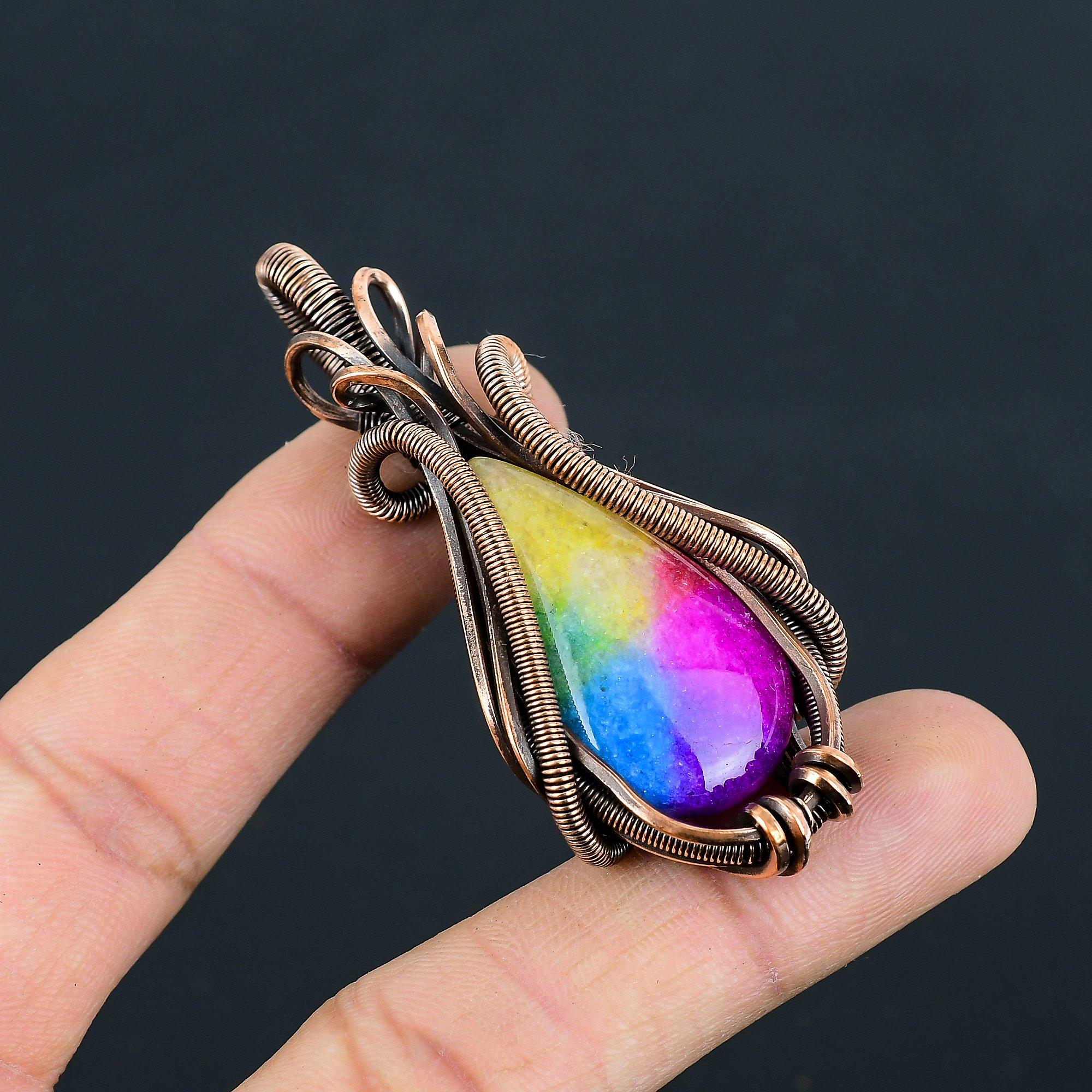 Ослепительный радужный солнечный кварцевый драгоценный камень ручной работы медная проволочная обертка ювелирное изделие кулон для подарка