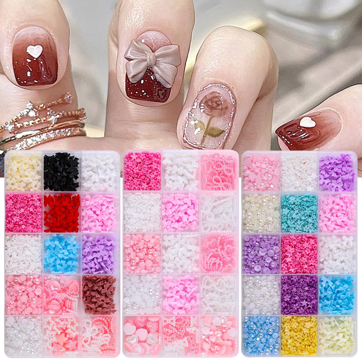 15Grids/box Mixed Resin Bowknot Nail Art Decorations 3D Acrylic Charms Kawaii Colorful Bow Rhinestone DIY Manicure Tools Parts