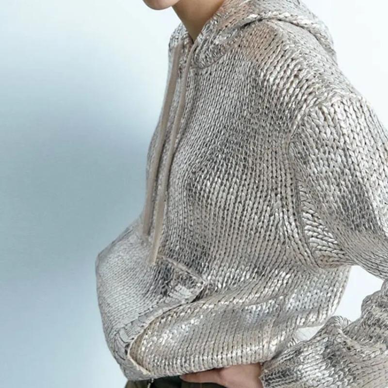 Женская толстовка с капюшоном с металлической нитью, серебристый трикотажный свитер с большим карманом, новая мода на осень и зиму