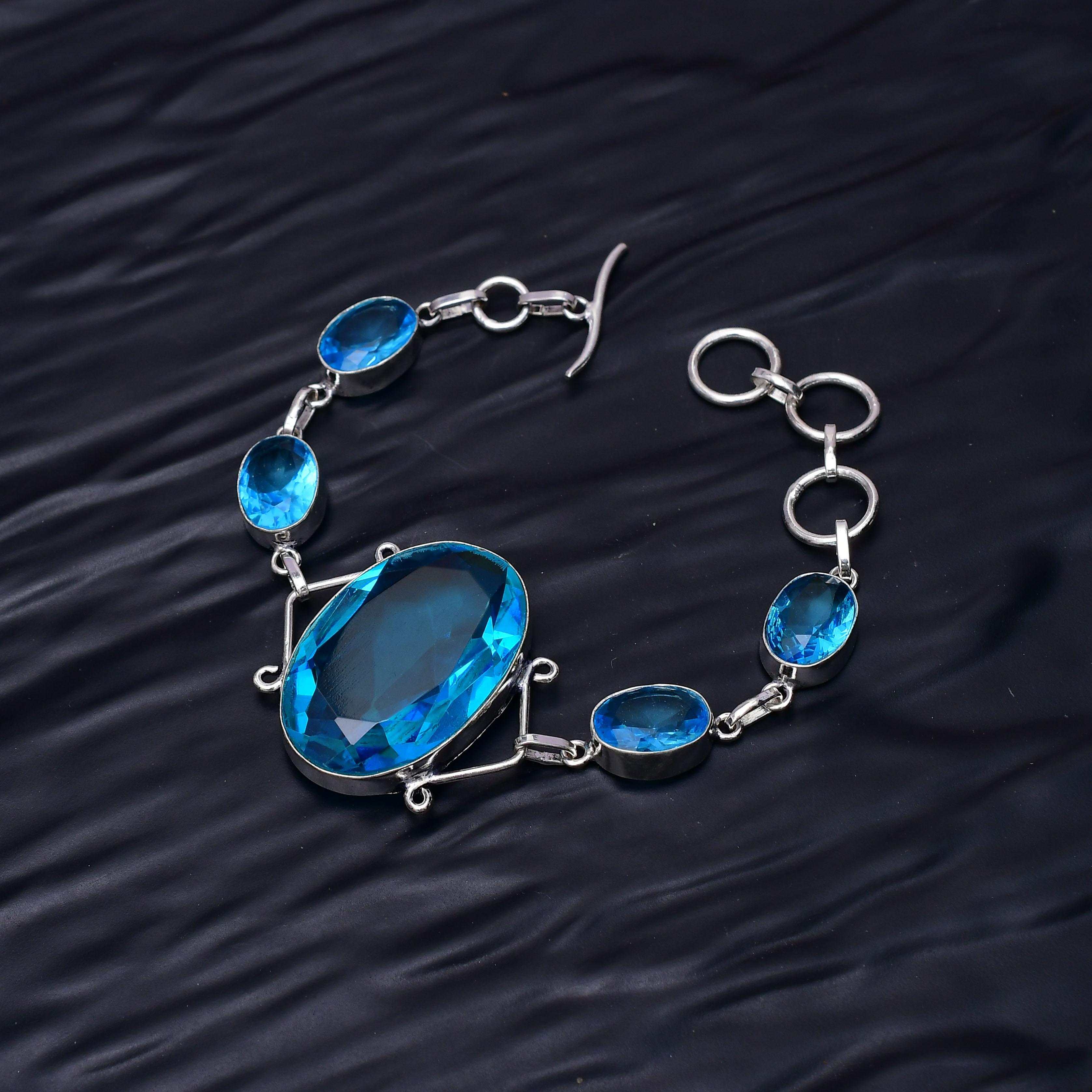 Blue Topaz Gemstone : 925 Sterling Silver Handmade Multi Gemstone Bracelet Jewelry