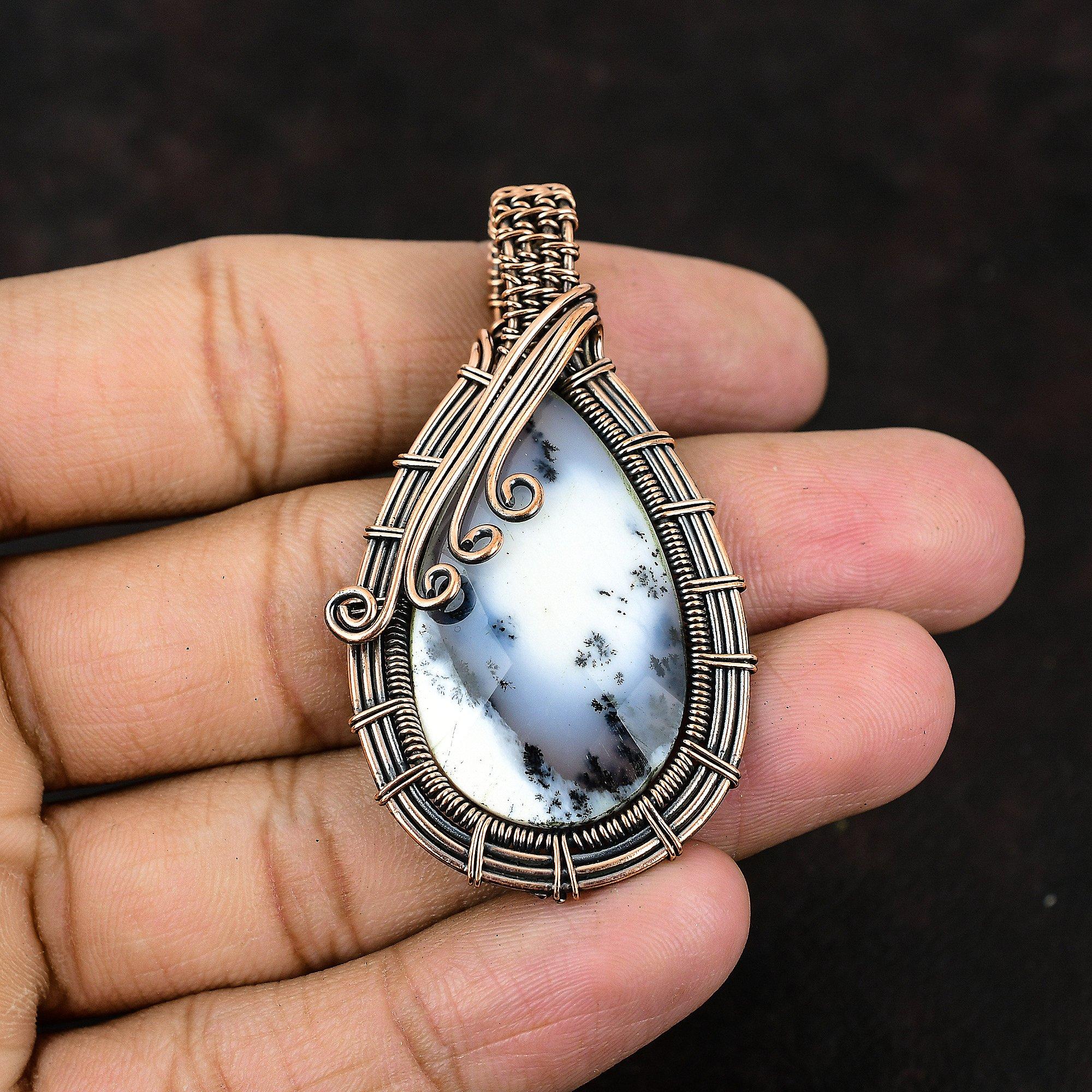 Dendrite Opal Gemstone Pendant Copper Wire Wrapped Pendant Handmade Jewelry Dendrite Opal Designer Pendant Gift For Her Gift For Mom