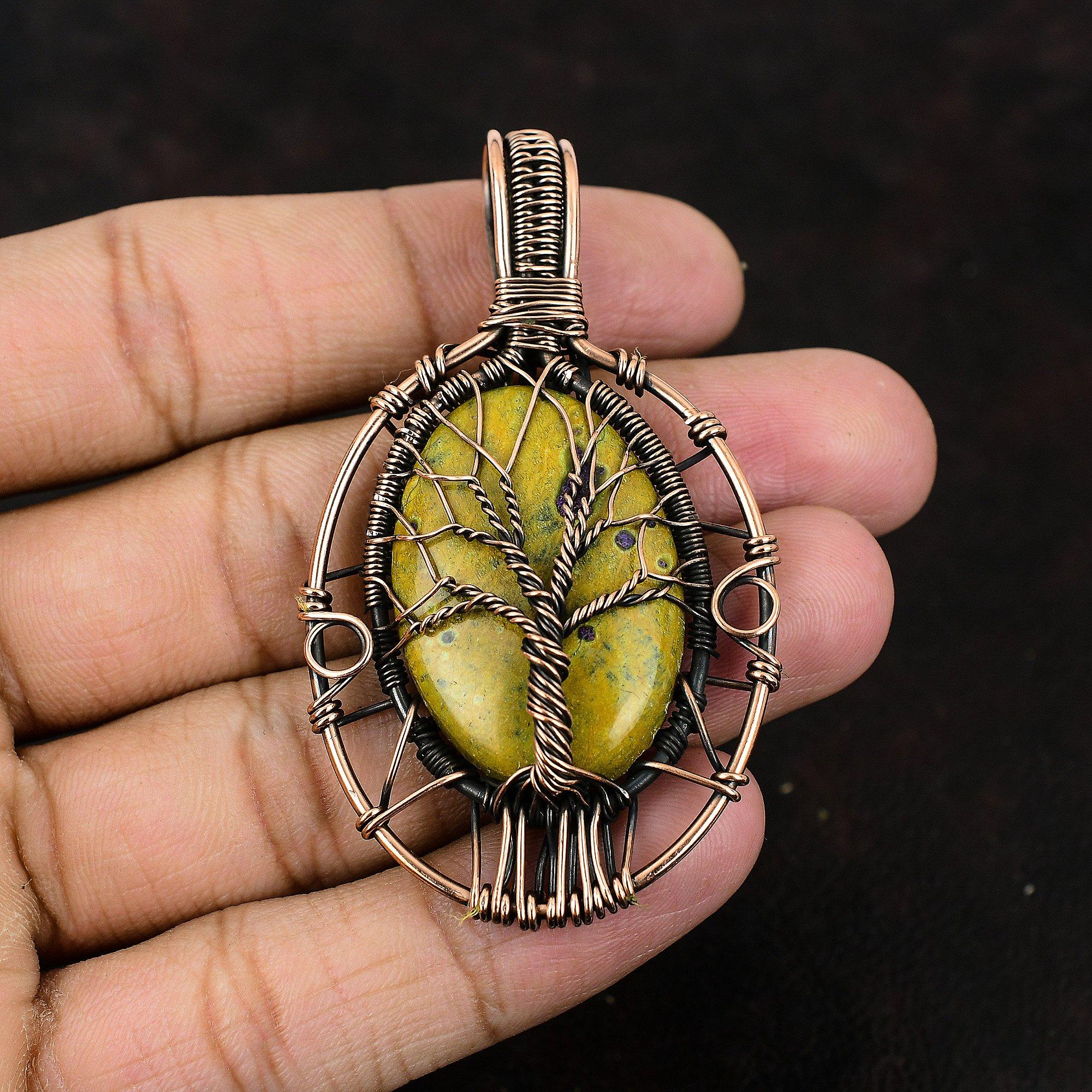 Подвеска из стихтита «Дерево жизни», медная проволока, обернутая в обертку, драгоценный камень, медная проволока, ювелирное изделие ручной работы, уникальный медный дизайн, кулон, подарок для нее