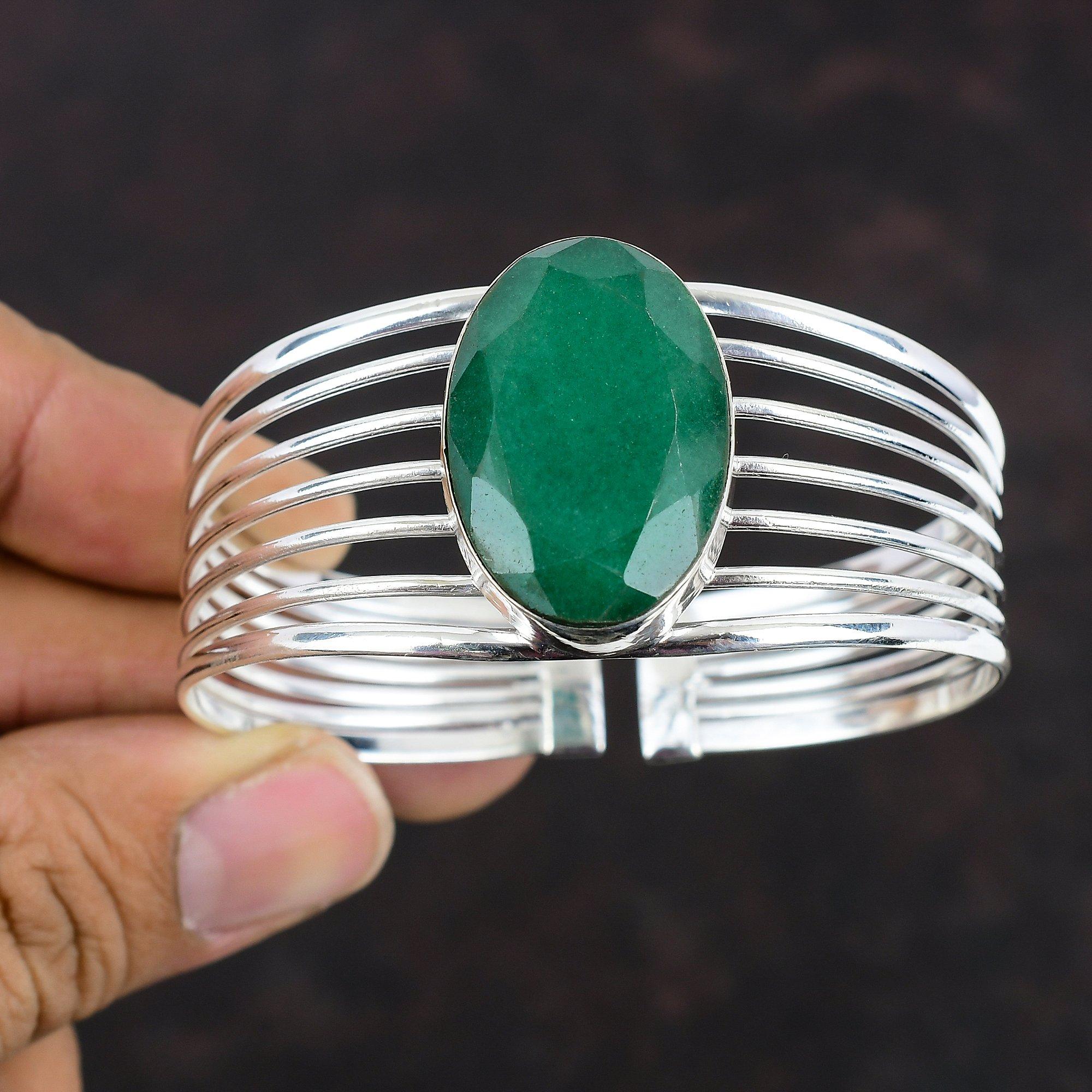 Faceted Zambian Emerald Cuff Bracelet Gemstone Bangle 925 Sterling Silver Bangle Adjustable Bangle Handmade Amazing Jewelry Gifts For Friend