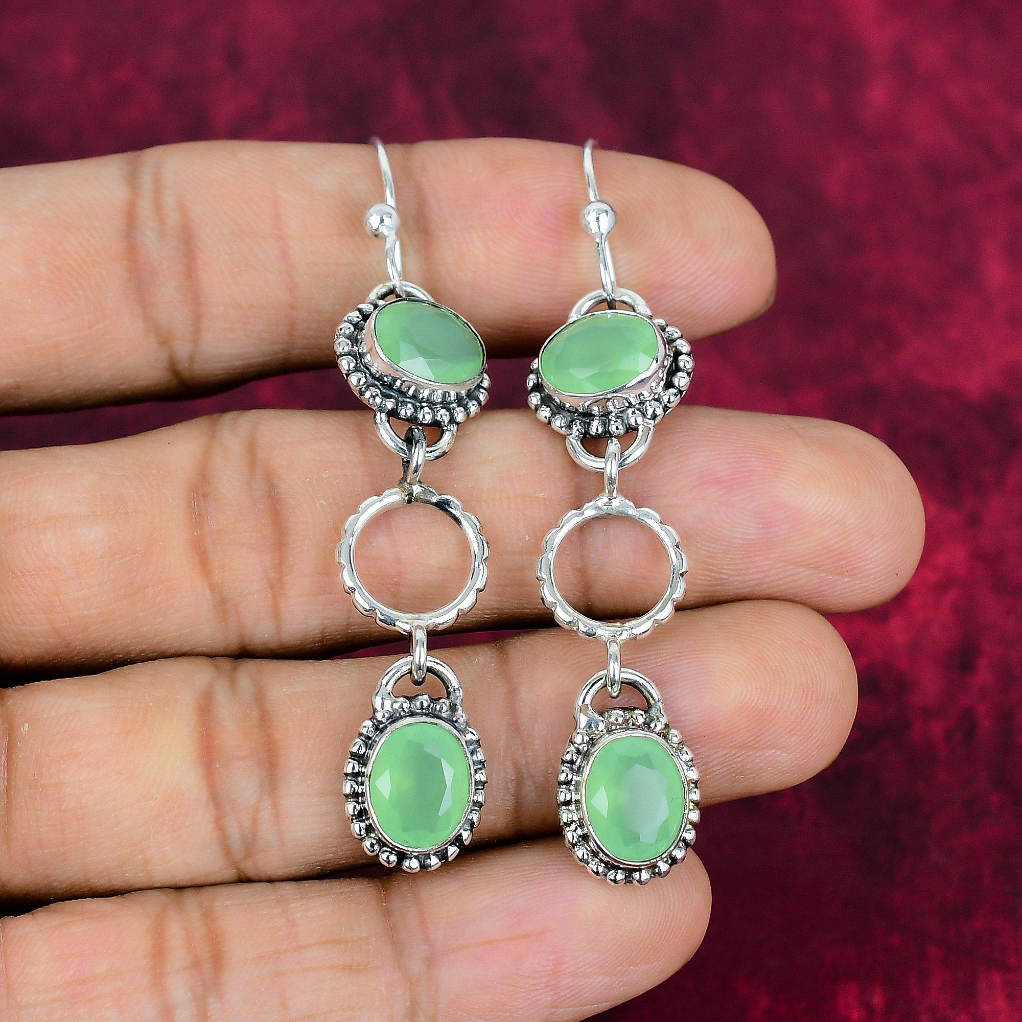 Серьги из зеленого халцедона из стерлингового серебра 925 пробы, Ювелирные изделия с драгоценными камнями ручной работы, Подарки для жены, Абсолютно новые серьги