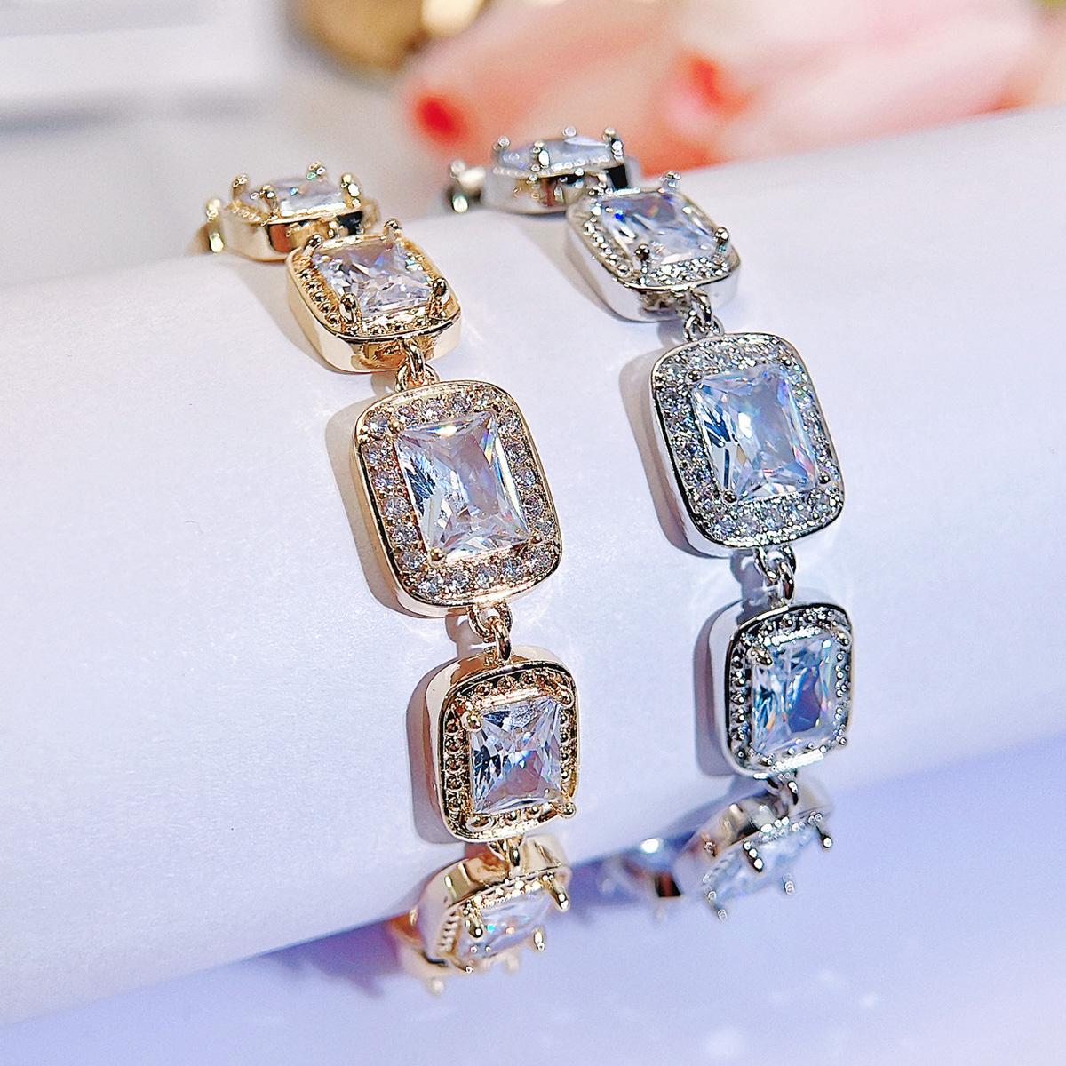 CMM High Quality Ice Cut Cubic Zirconia Rectangle Charm Tennis Bracelet Luxury Wedding Bridal Hand Jewelry for Women