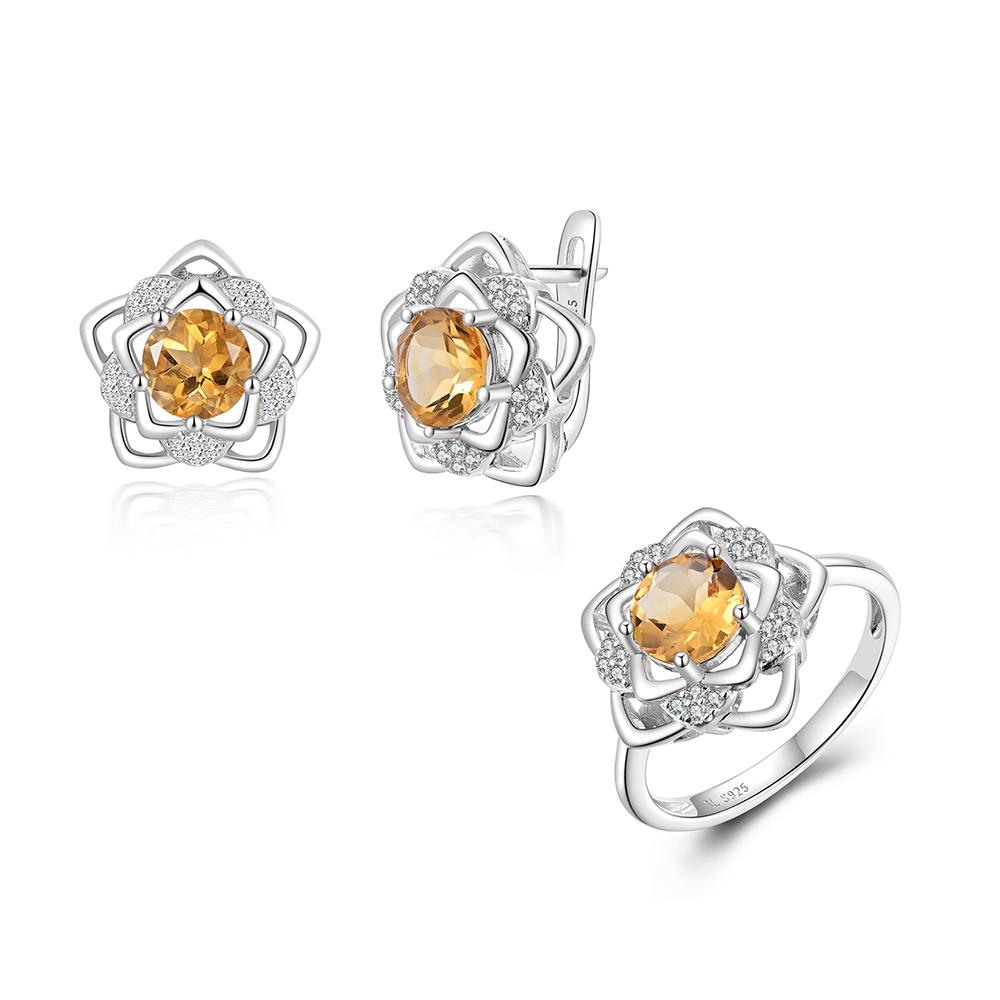 Gorgeous Elegant Flower Design Natural Citrine Ring Earring Set S925 Silver Women and Girls Fine Jewelry Birthday & Party Gift