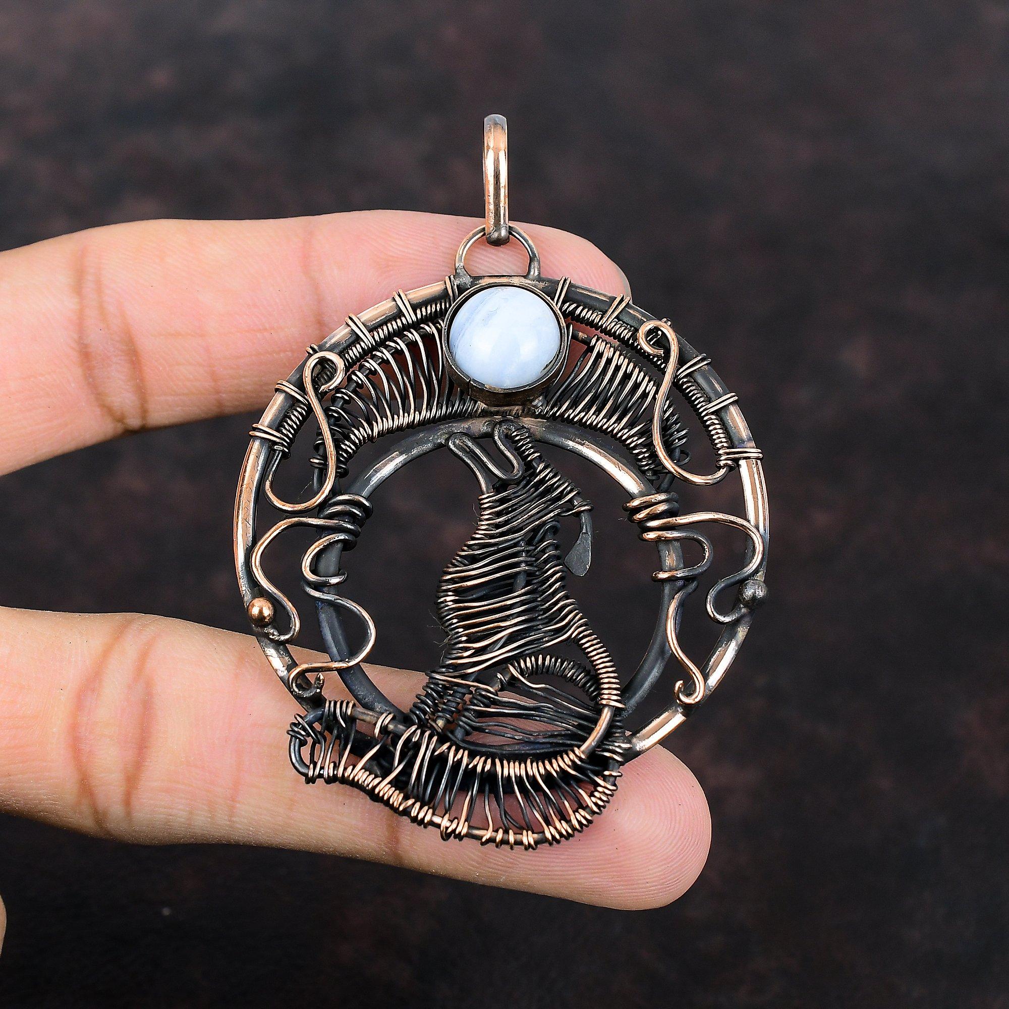 Голубой кружевной агатовый кулон, настоящий драгоценный камень, кулон с медной проволокой, медные украшения ручной работы, подарок для ее собаки, кулон с проволочной оберткой, ювелирные изделия