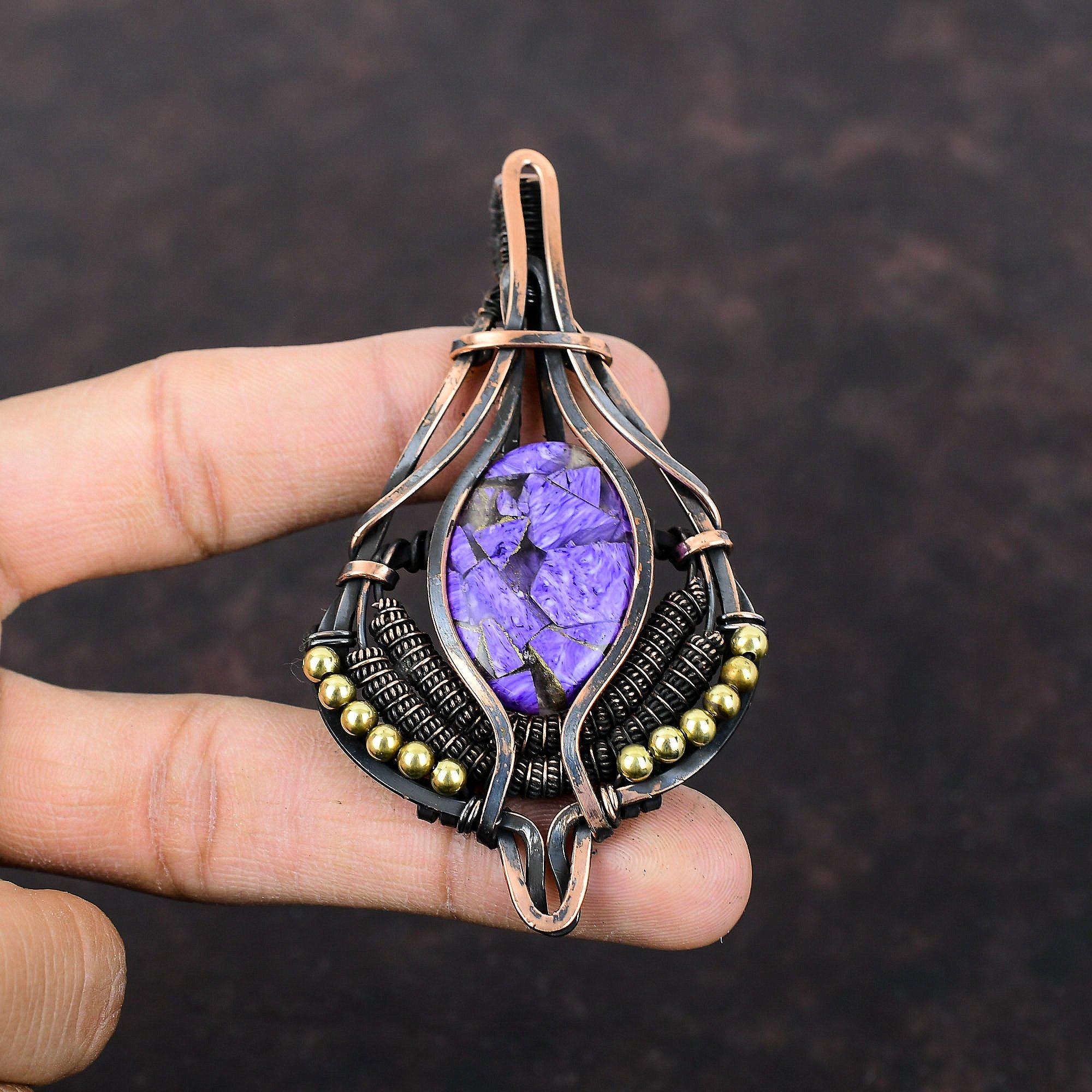 Медный кулон с чароитом, украшения, обмотанные медной проволокой, кулон с драгоценным камнем, кулон, обмотанный медной проволокой, украшения ручной работы, подарок для нее, дизайнерский кулон