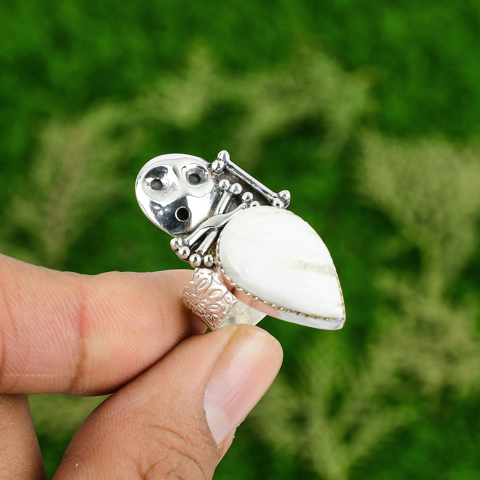 Gift For Her 925 Silver Natural Scolecite Promise Skull And Bone Adjustable Ring