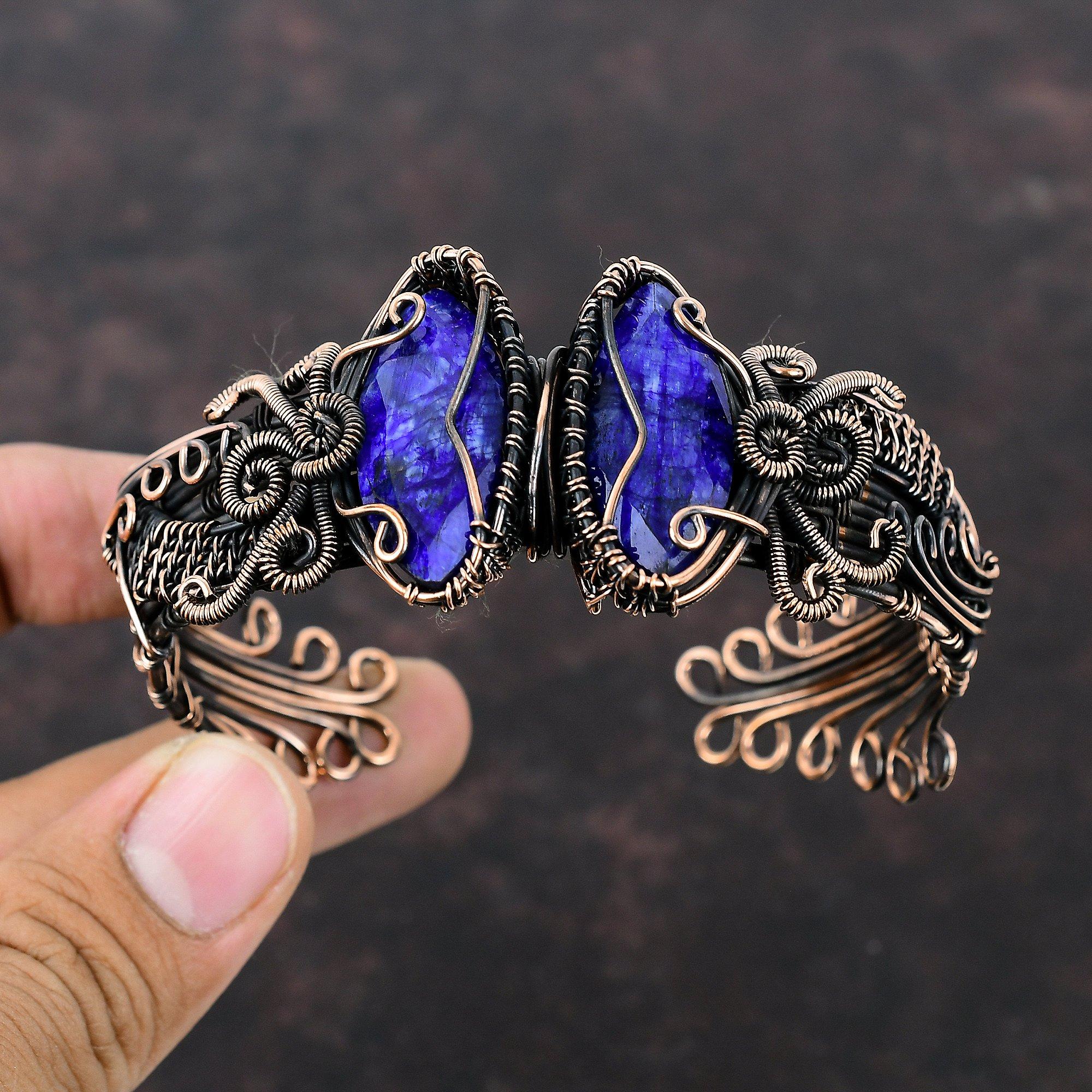 Браслет-манжета с граненым синим сапфиром, браслет из медной проволоки, регулируемый браслет-манжета, браслет ручной работы, драгоценный камень, медное ювелирное изделие, подарок для мамы